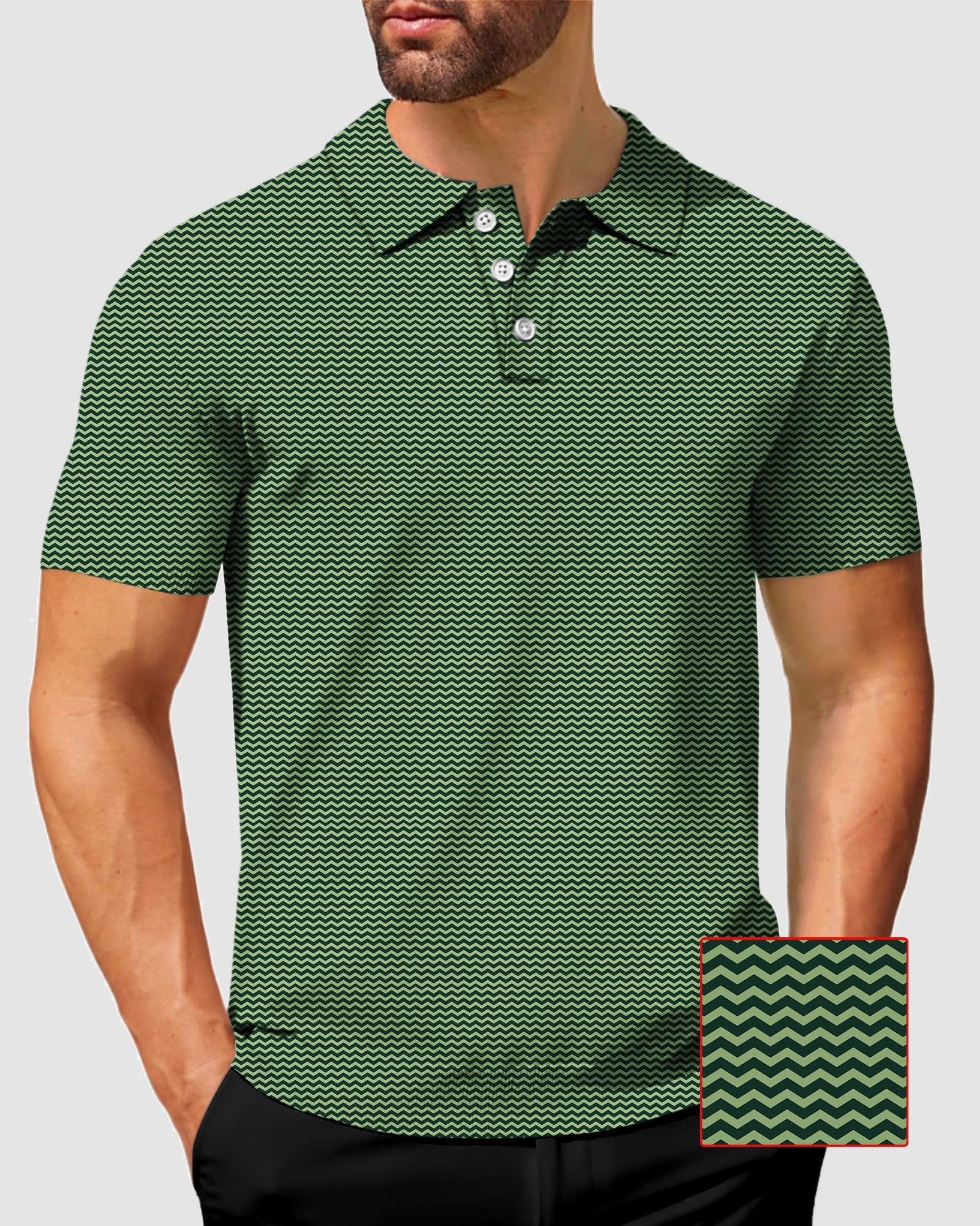 Men's Green Waves Polo shirt with customizable monograms, four-way stretch, moisture-wicking fabric, wrinkle resistance, UPF 40+ protection, and classic fit for business casual and sporty style