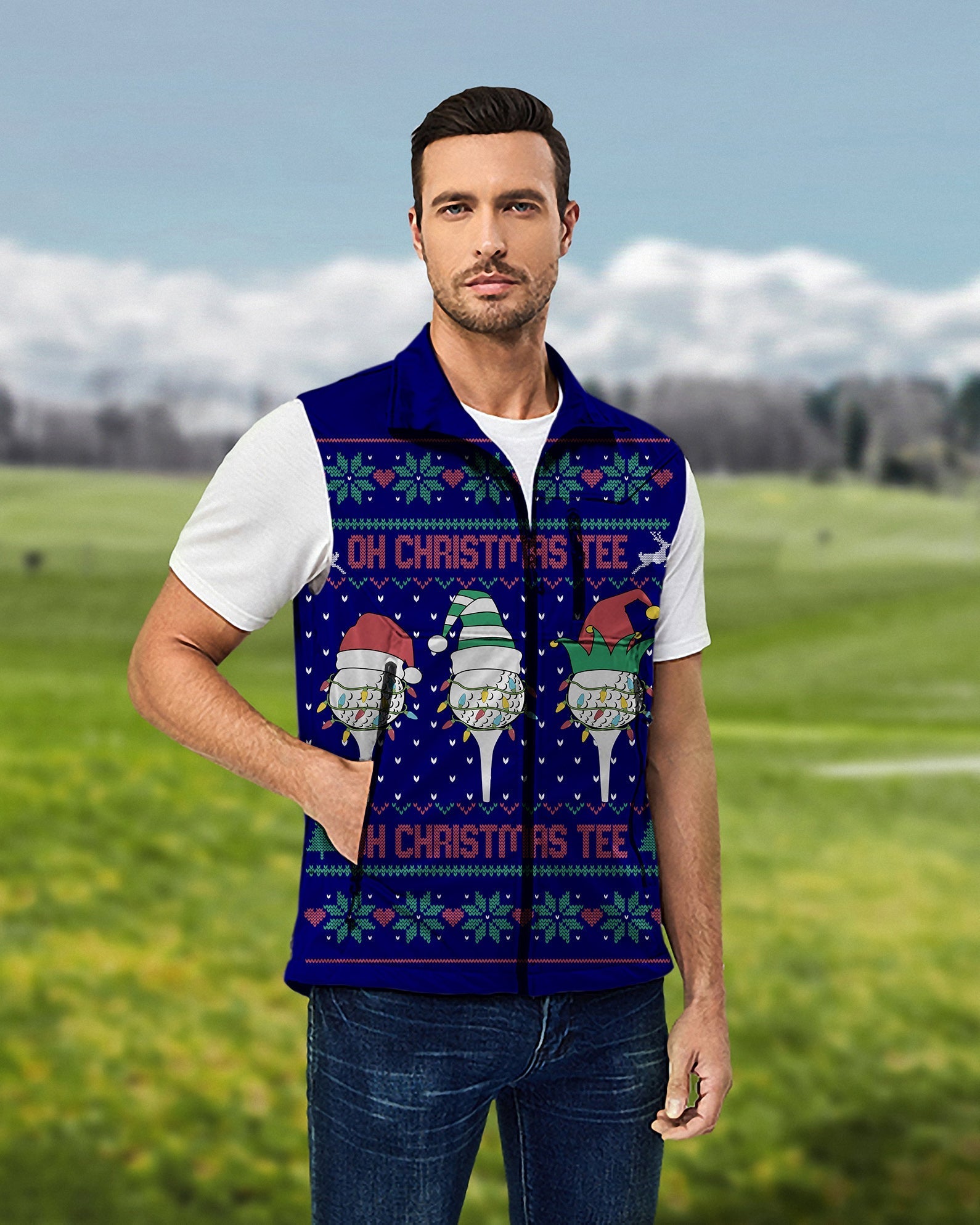 Men's navy Christmas custom face sleeveless softshell golf vest windproof waterproof