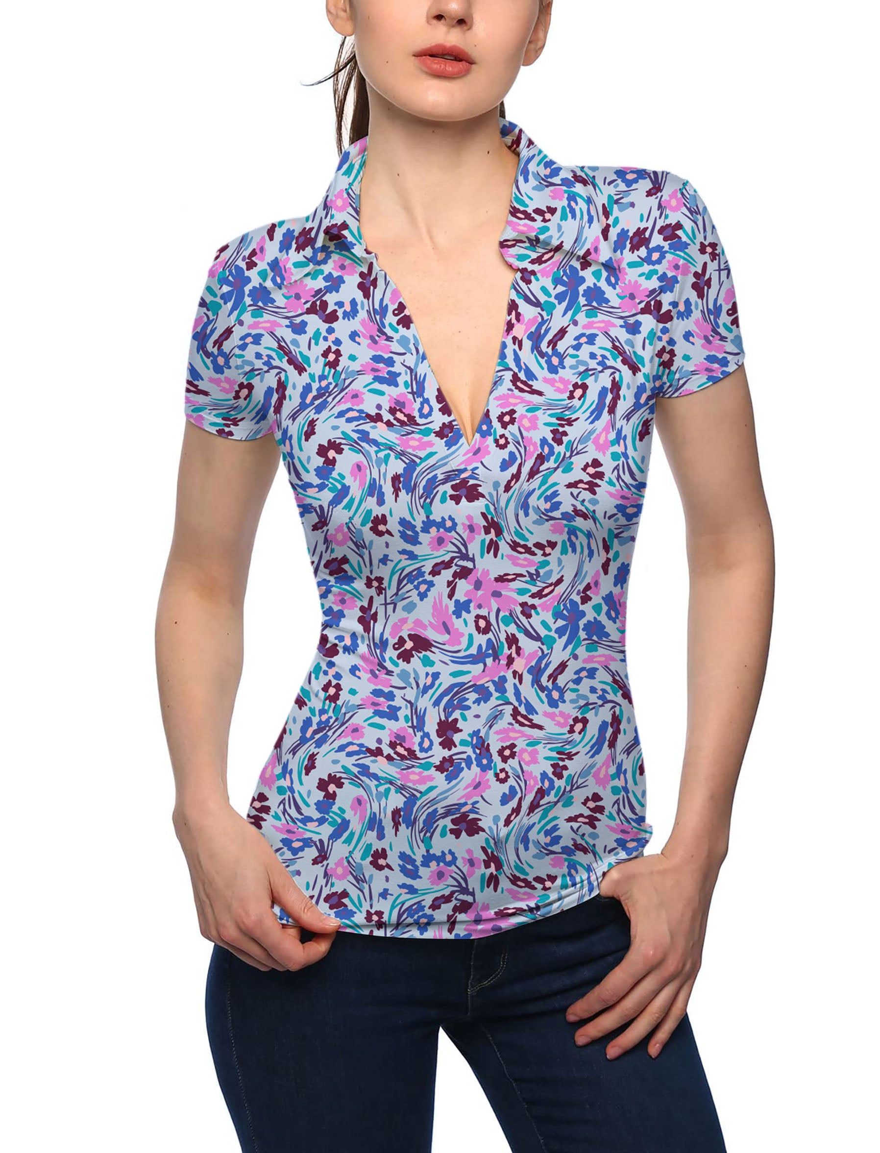 Women's summer floral V Neck Golf Polo