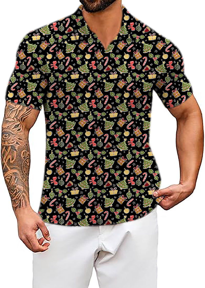 Men's Coconut Palm navy blue Christmas-themed short sleeve shirt with ink dot pattern and classic fit