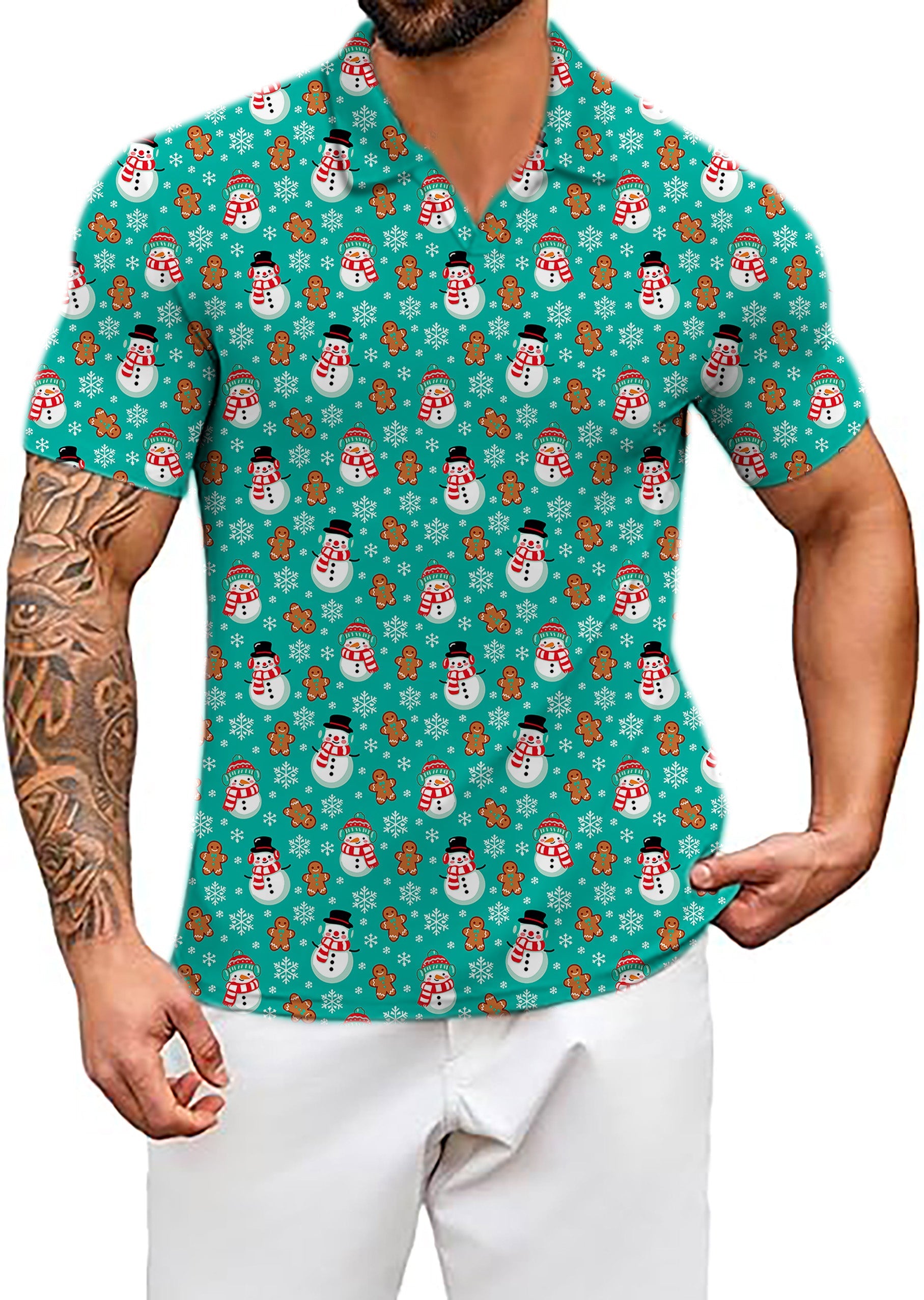 Men's Coconut Palm blue Christmas shirt with gingerbread and snowman print, four-way stretch, moisture-wicking fabric, wrinkle-resistant, UPF 40+ protection, classic fit