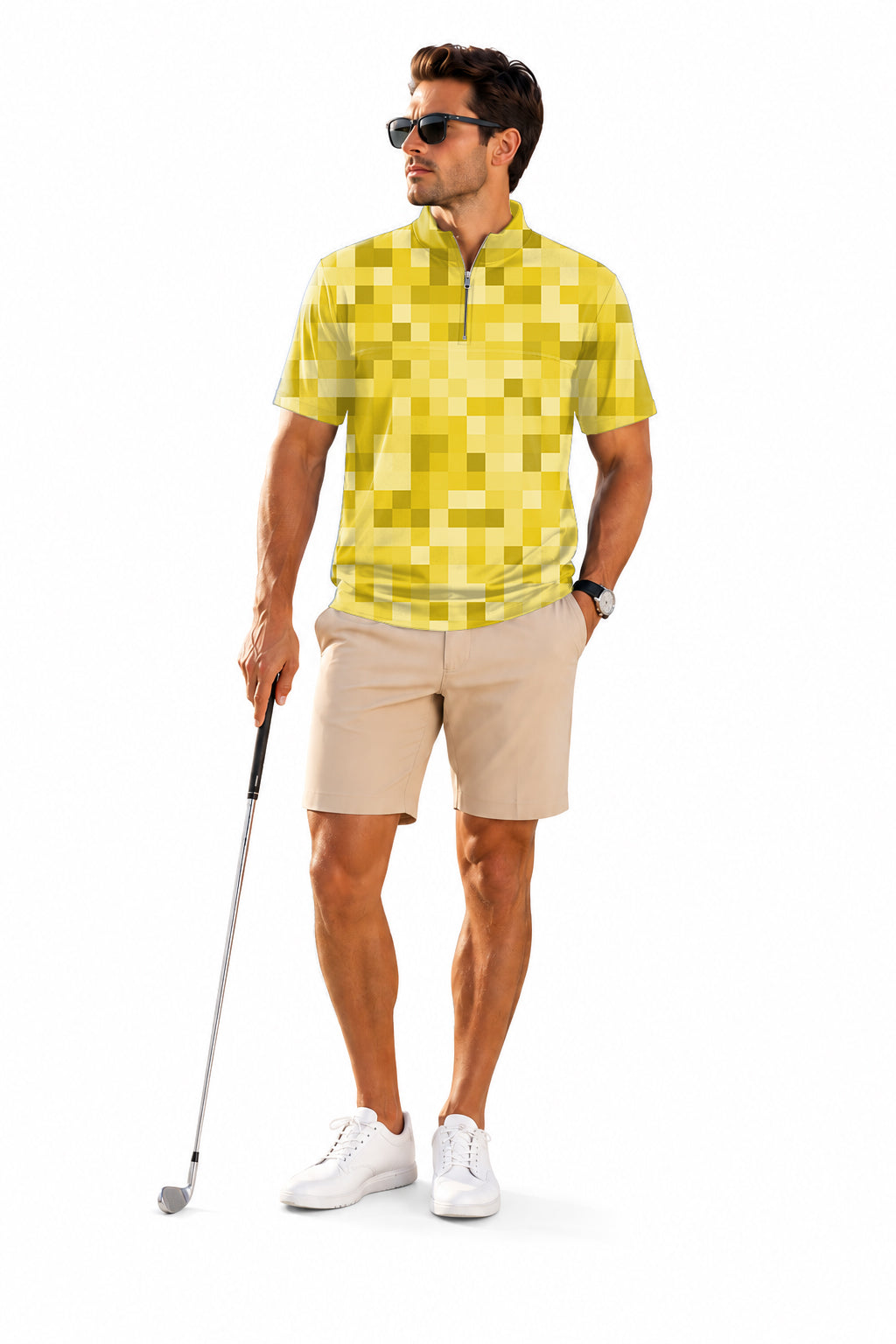 Men's Short Sleeve Quarter Zip Golf Pullover   Yellow Pixel-Big Embroidery