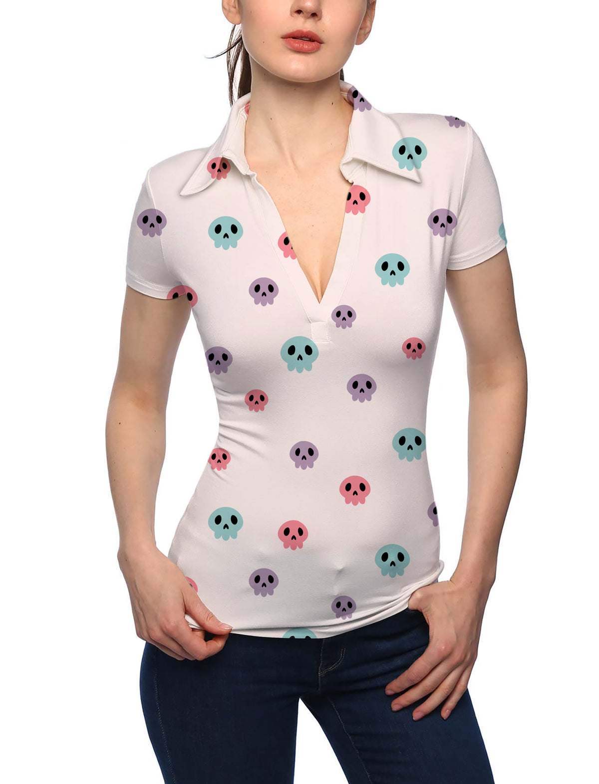 Women's Colorful Halloween Skull V Neck Golf Polo