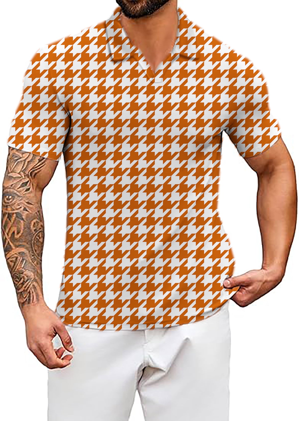 Men's Halloween yellow and white houndstooth V Neck Golf Polo Shirts