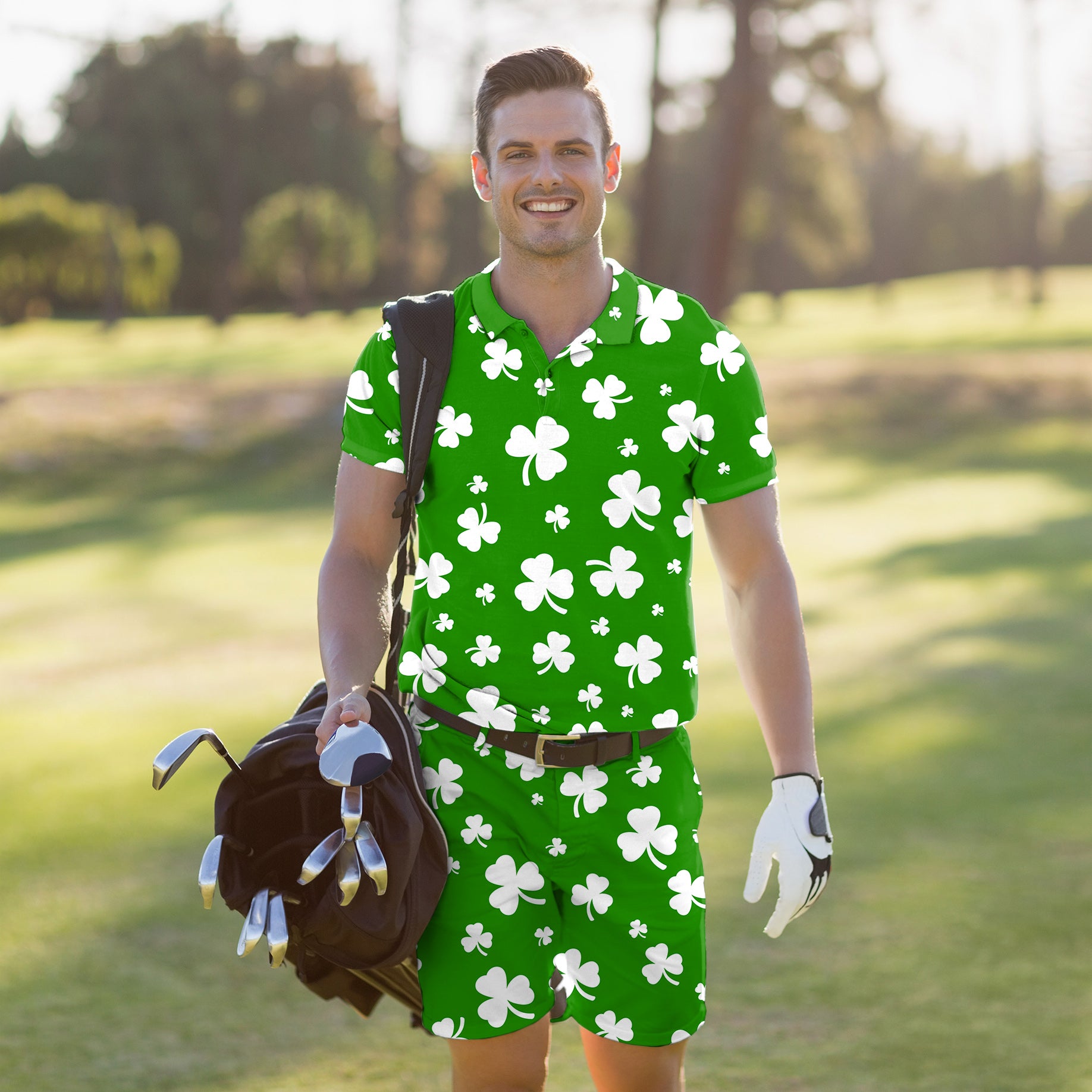 Men's Golf Set Polo+Shorts Leaf clover St. Patrick's Day