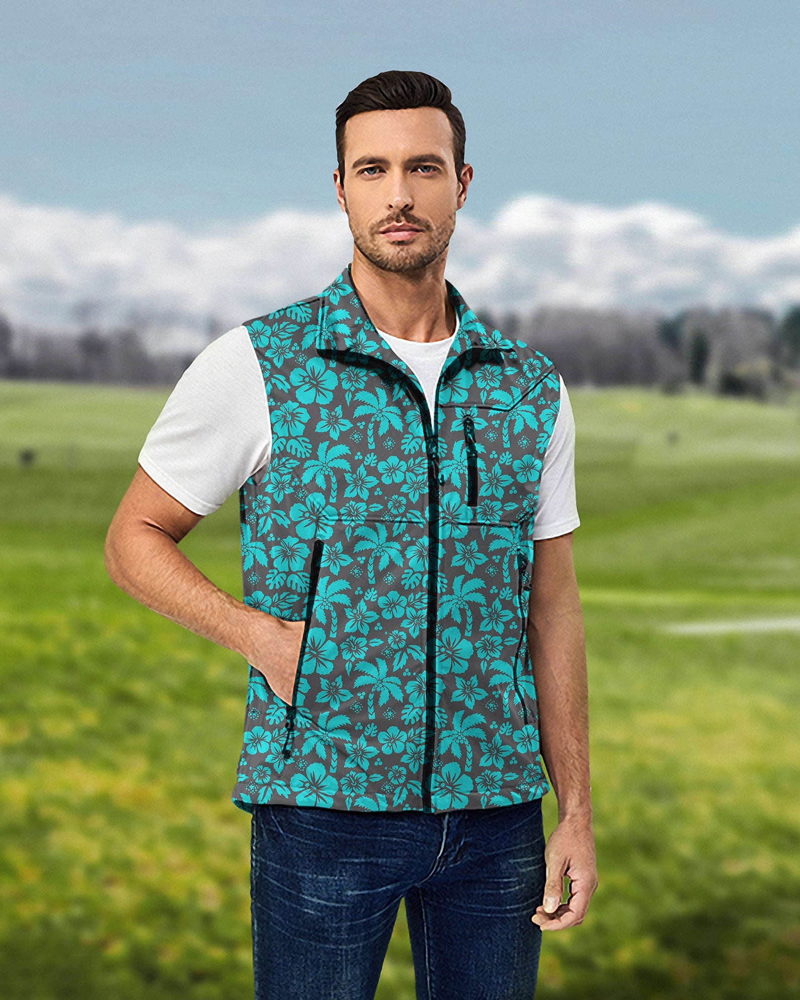 Men's Tropical Hibiscus Lightweight Softshell Vest Sleeveless Jacket for Golf Windproof Waterproof