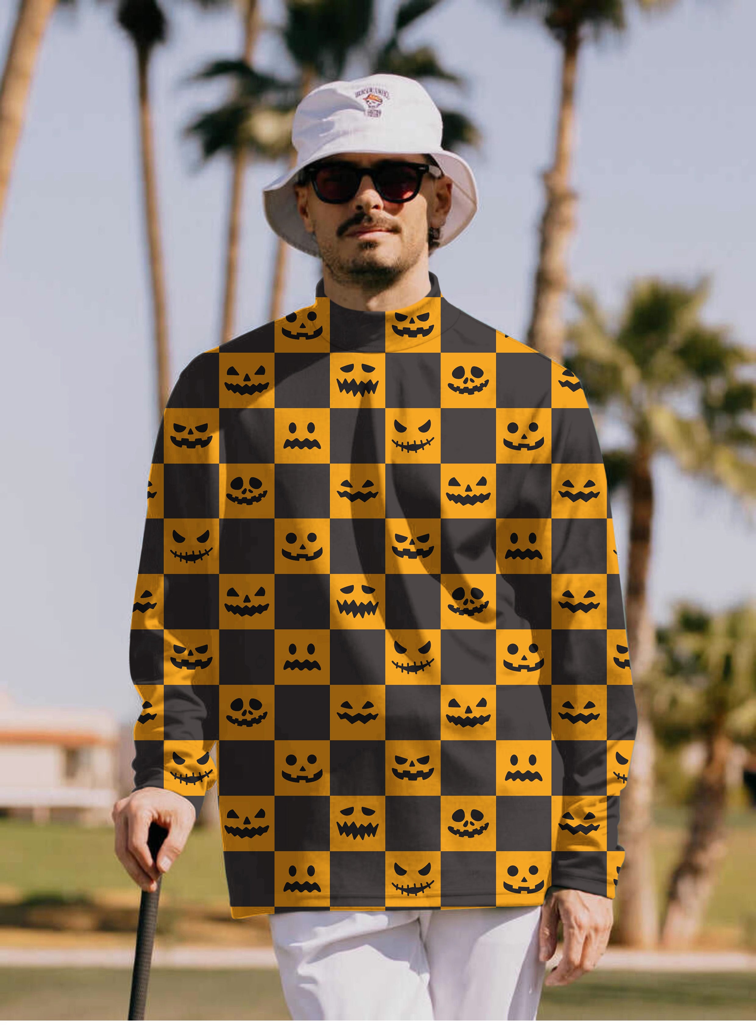 Men's Halloween black and yellow checkerboard pumpkin Mock Neck Long/Short Sleeve Golf Tops