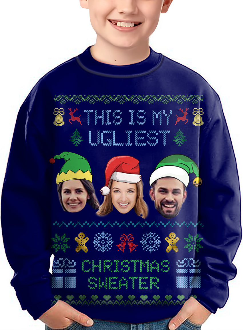 Navy-Christmas Custom face Crewneck Pullover Kids Ugly Sweater