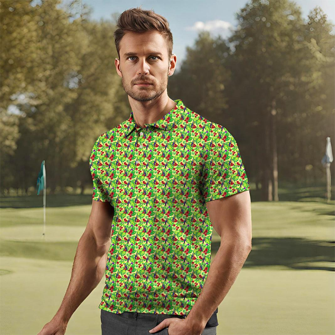 Men's Toucan tropical flowers golf polo