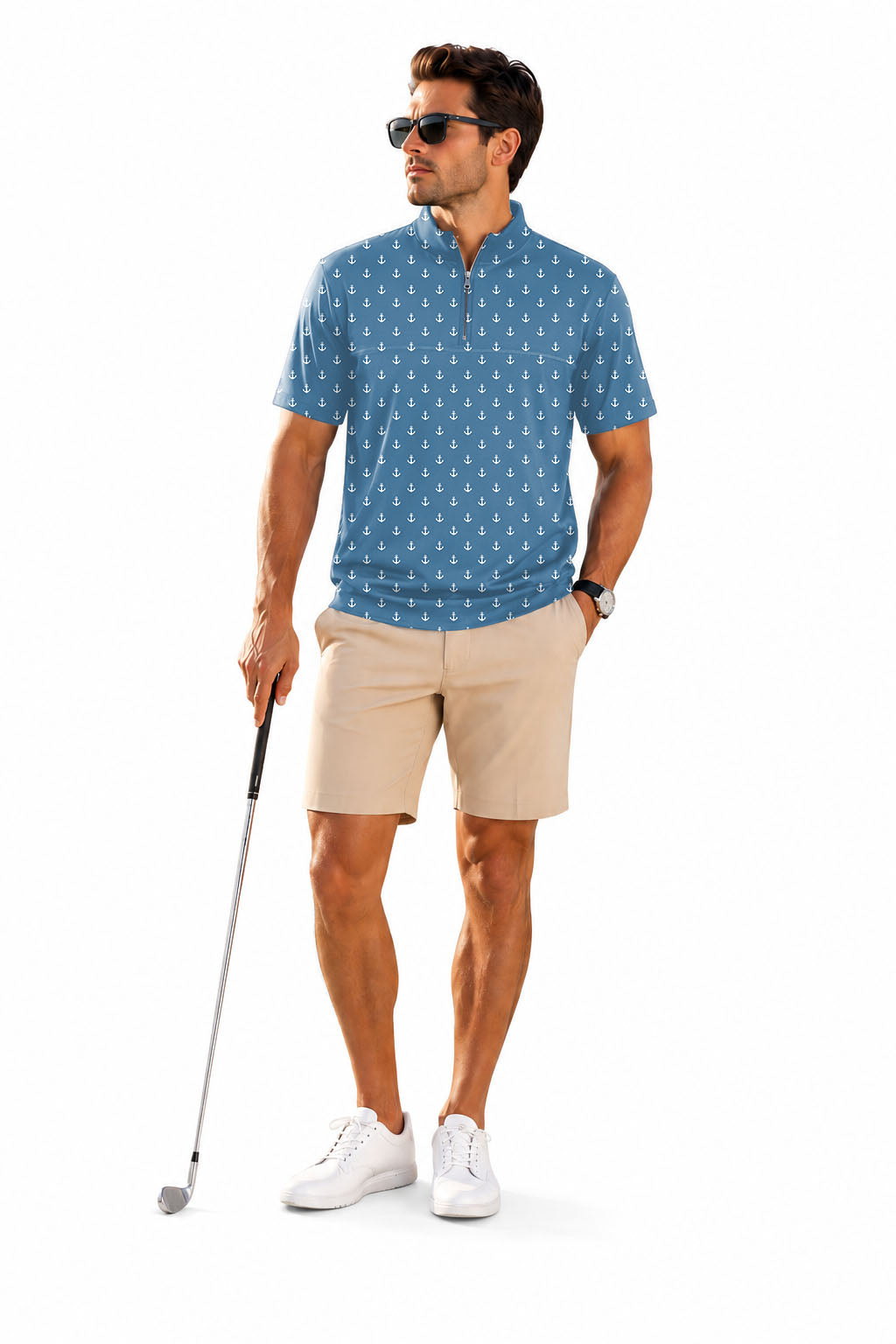 Men's Short Sleeve Quarter Zip Golf Pullover   Sea Blue Anchor Embroidery