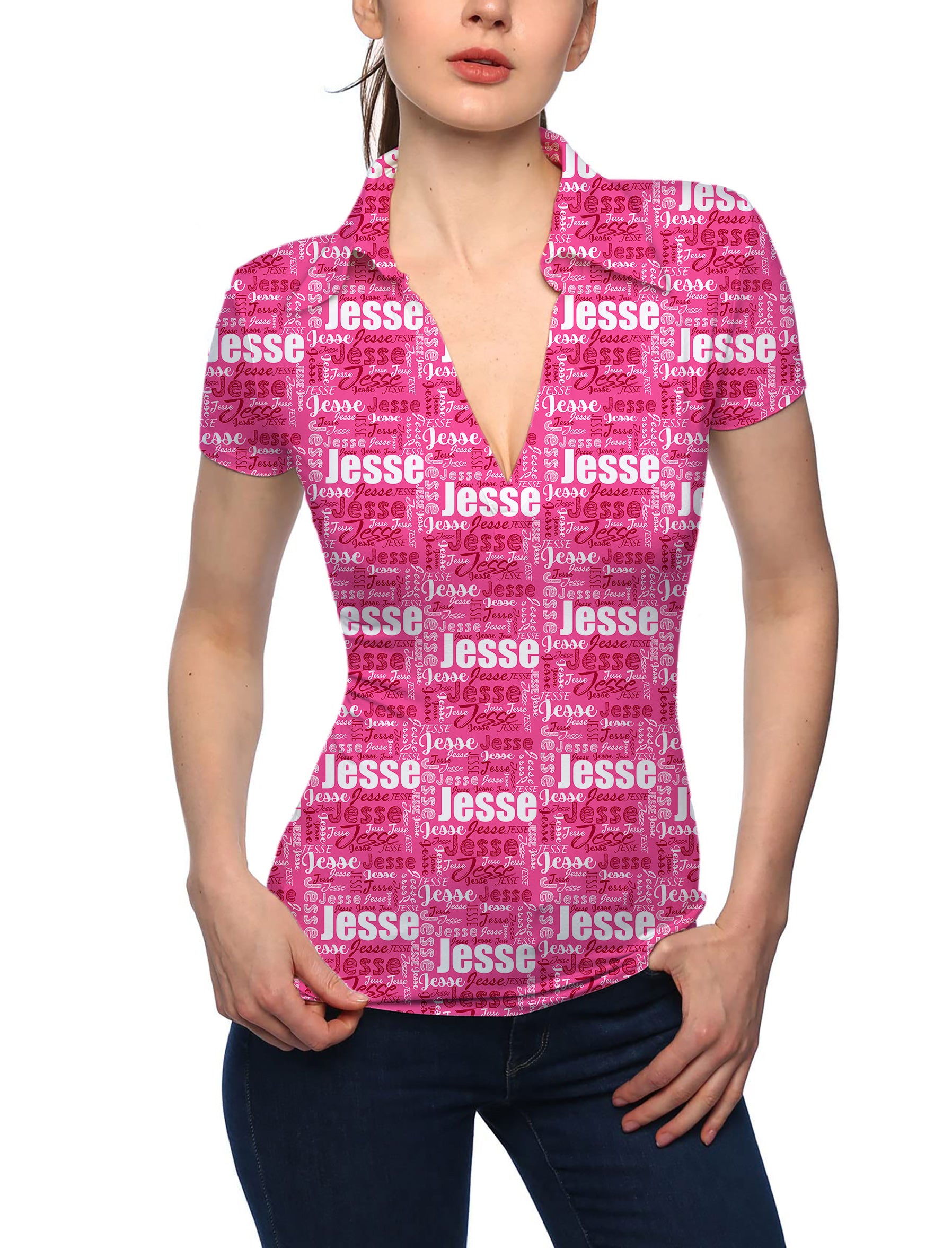 Women's Custom name fuchsia V Neck Golf Polo
