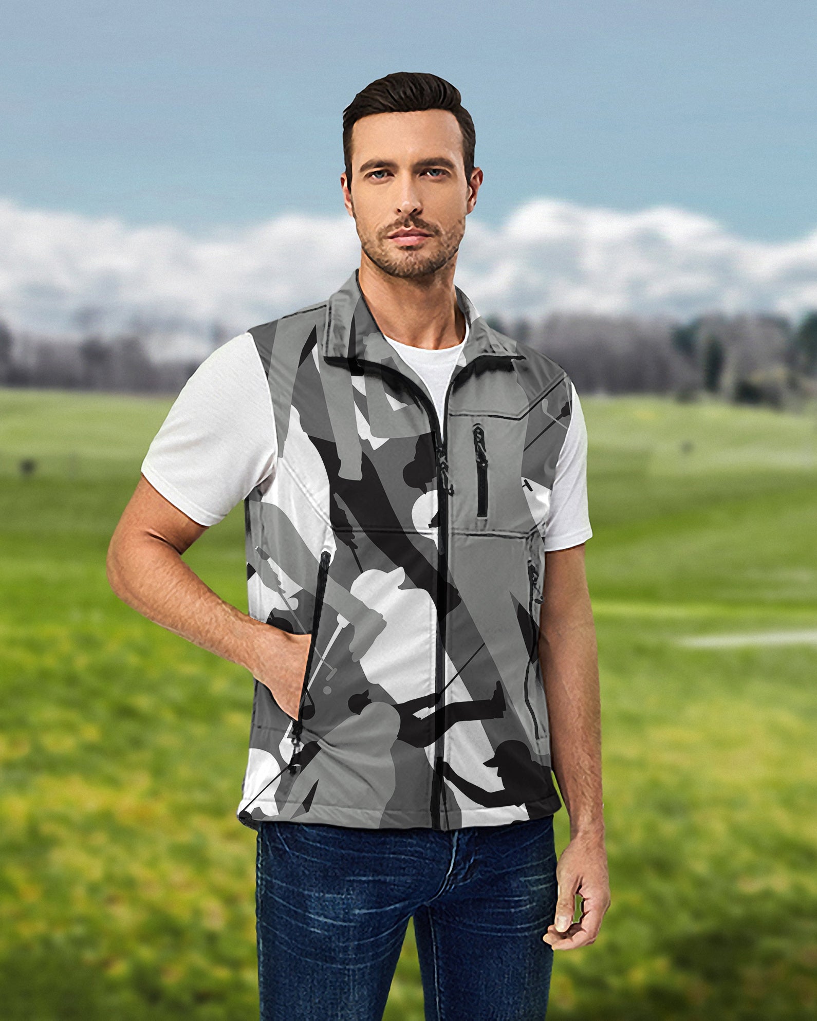 Men's Black And White Golf Lightweight Softshell Vest Sleeveless Jacket for Golf Windproof Waterproof