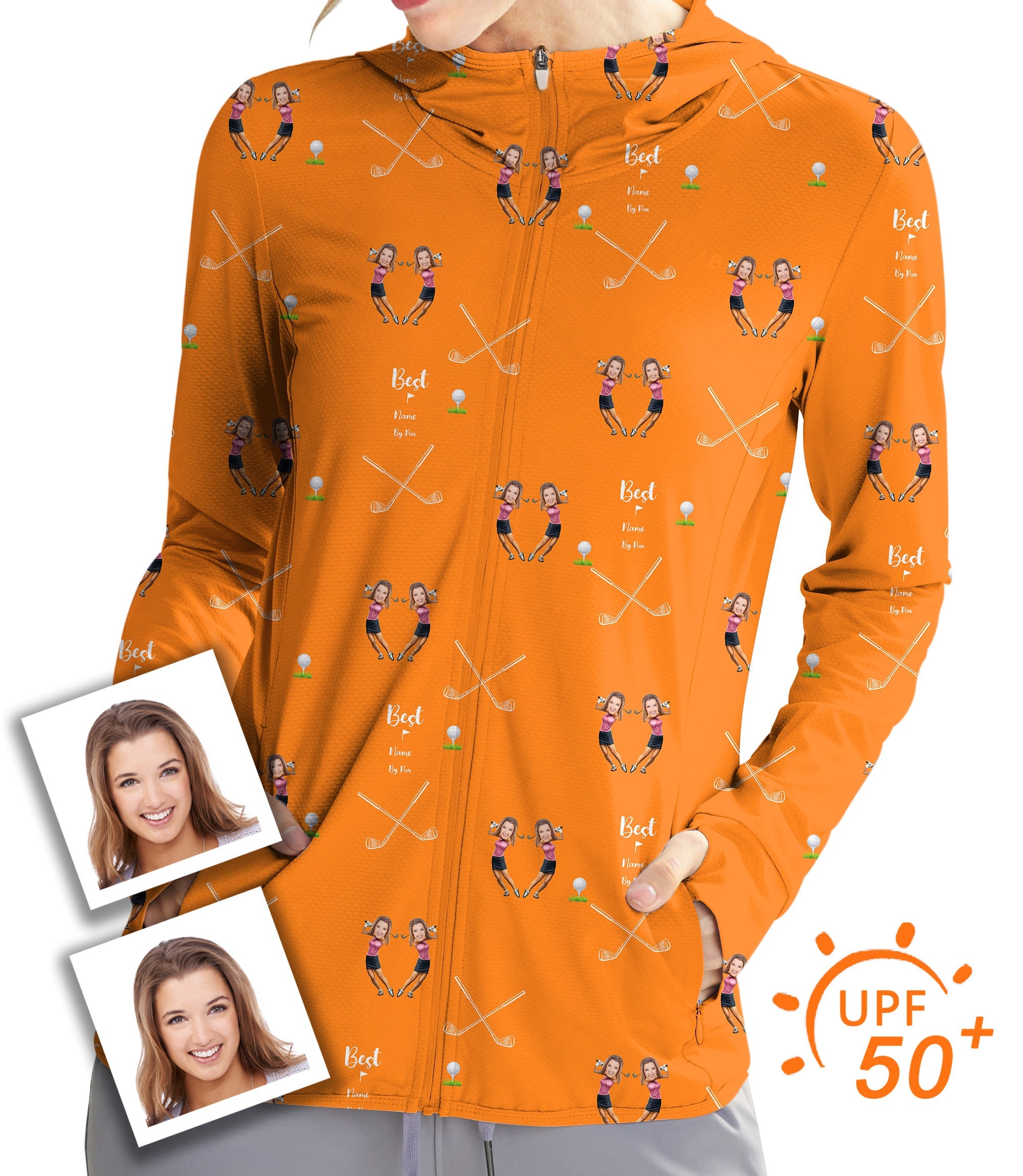Women's Outdoor Custom Sister Photo Face & Name Golf Sun Protection Slim Fit zip hoodies