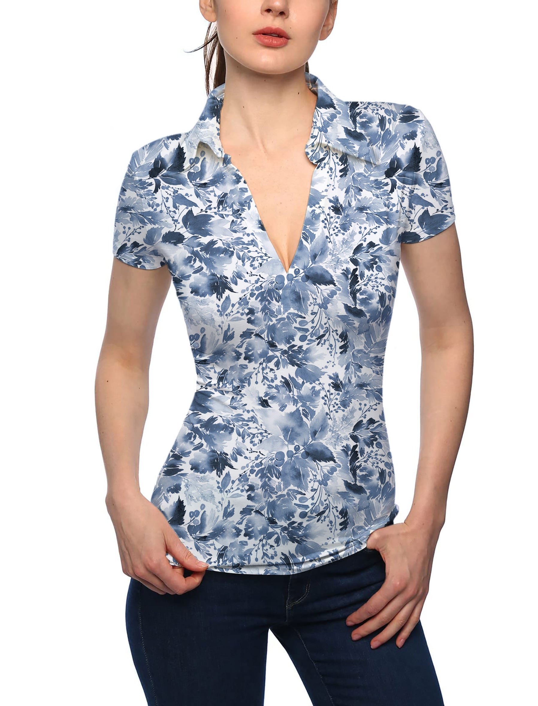 Women's BLUE LEAVES V Neck Golf Polo