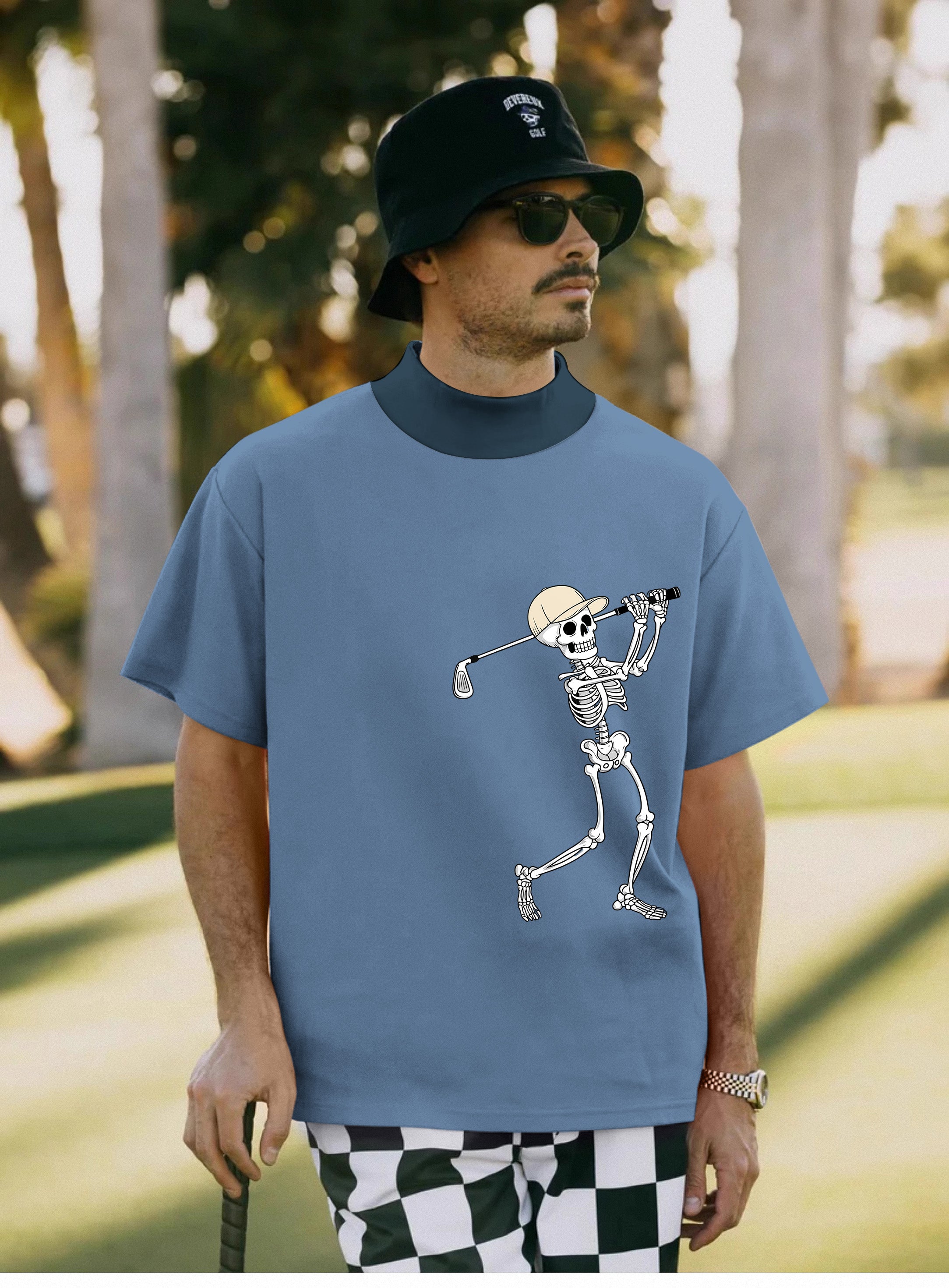 Men's White Blue Halloween Skeleton Golf Pullover High neck Long/Short sleeve T-Shirt