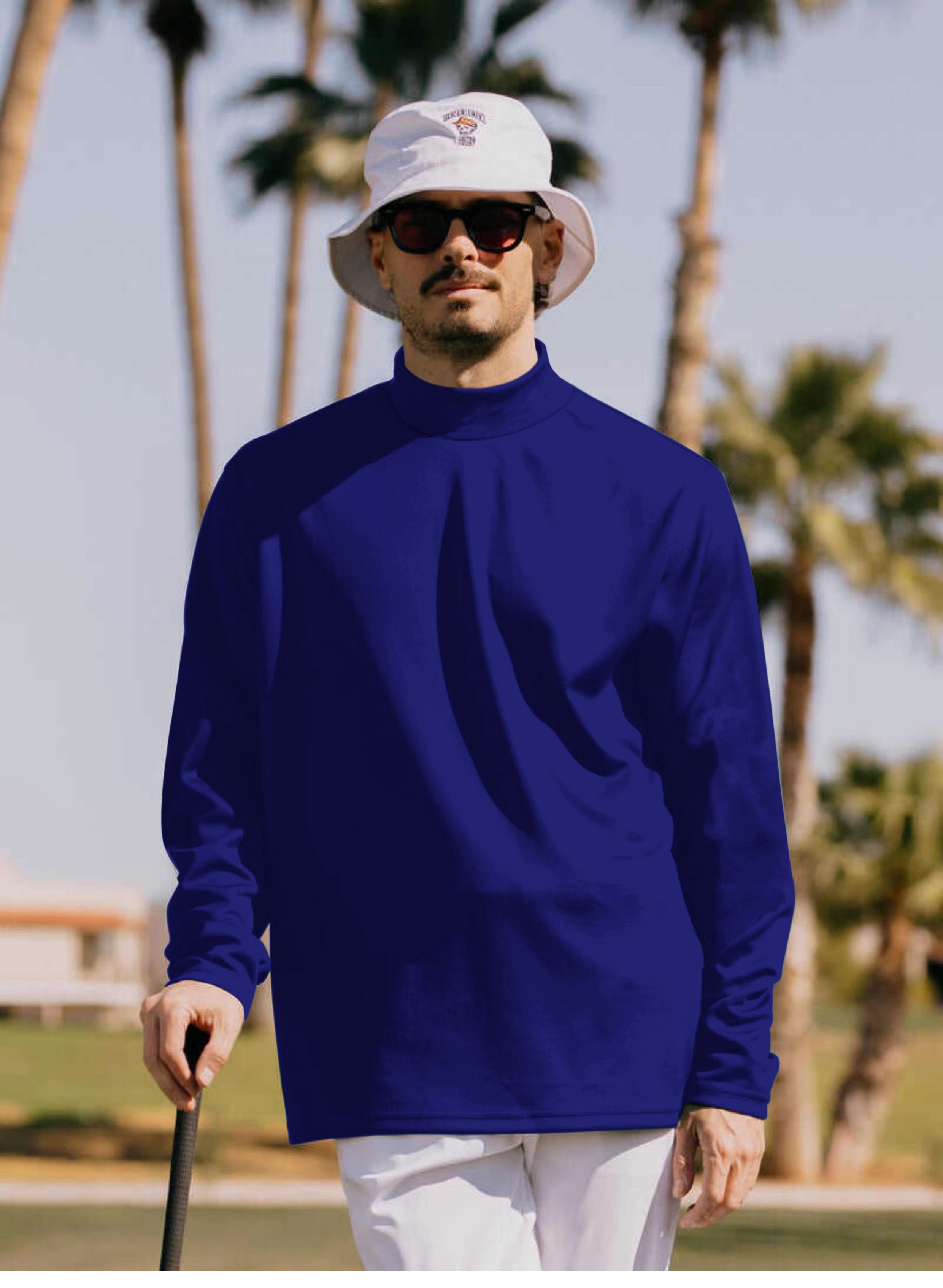 Men's pure navy Pullover High neck Long/Short sleeve T-Shirt