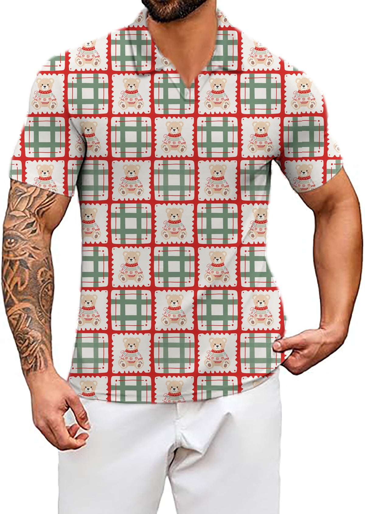Men's Cute Christmas Teddy Bear V Neck Golf Polo Shirts