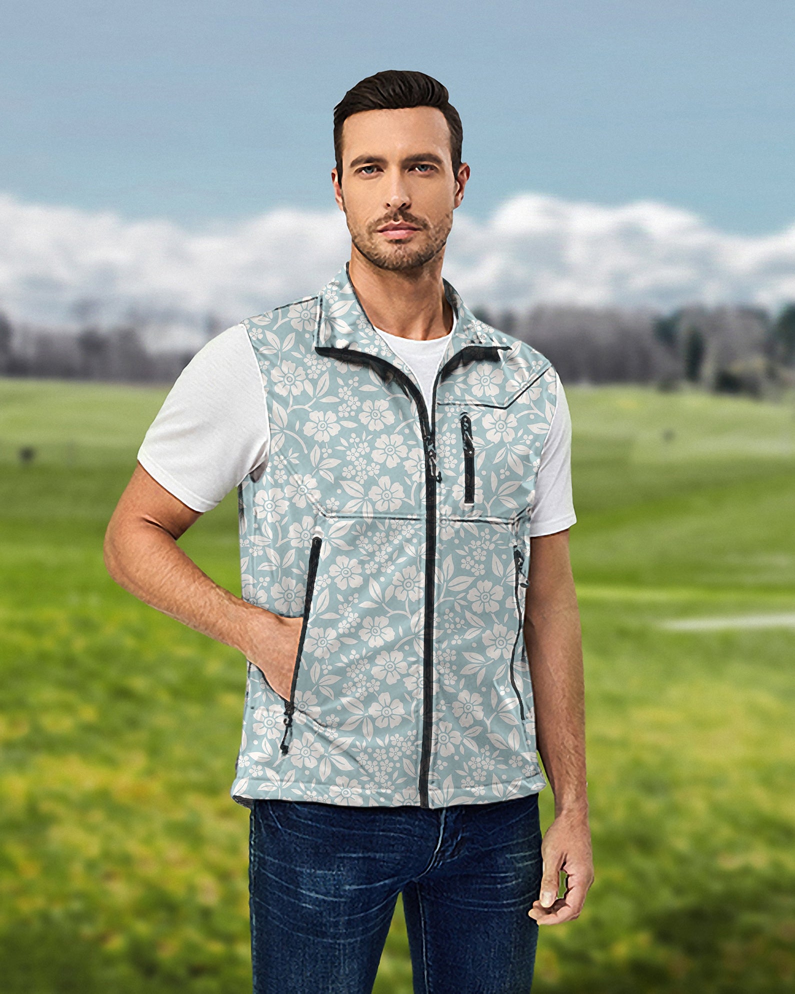 Men's Relaxed Blue Floral Lightweight Softshell Vest Sleeveless Jacket for Golf Windproof Waterproof