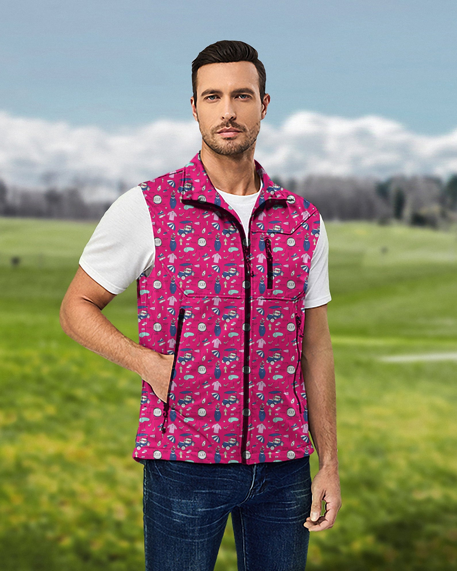 Men's Cart Cruising Lightweight Softshell Vest Sleeveless Jacket for Golf Windproof Waterproof