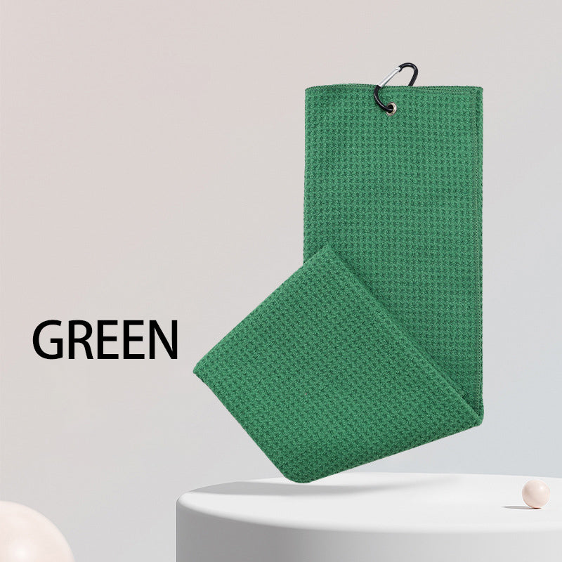 Green sports microfiber waffle towel with custom embroidered logo and hook for golf use