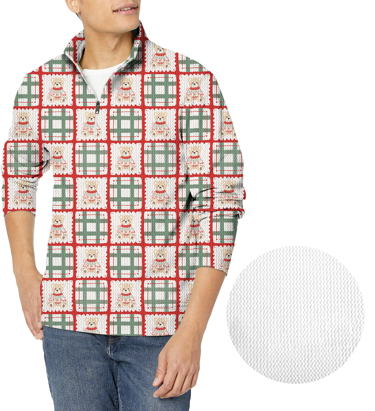 Cute Christmas Teddy Bear Men's Golf Waffle Zipper Pullover