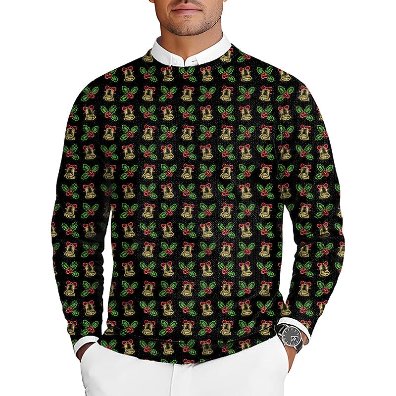 Men's Christmas neon lights golf crewneck pullover sweater with festive bells and holly pattern