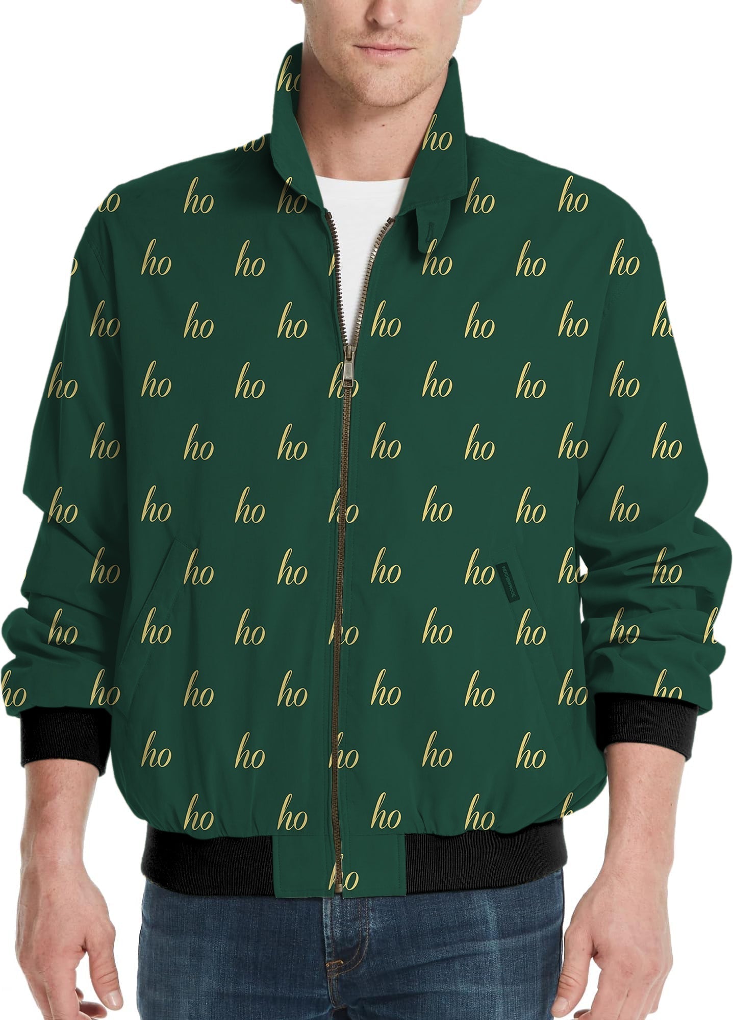 Dark green custom name men's Christmas golf windbreaker jacket with "ho" print