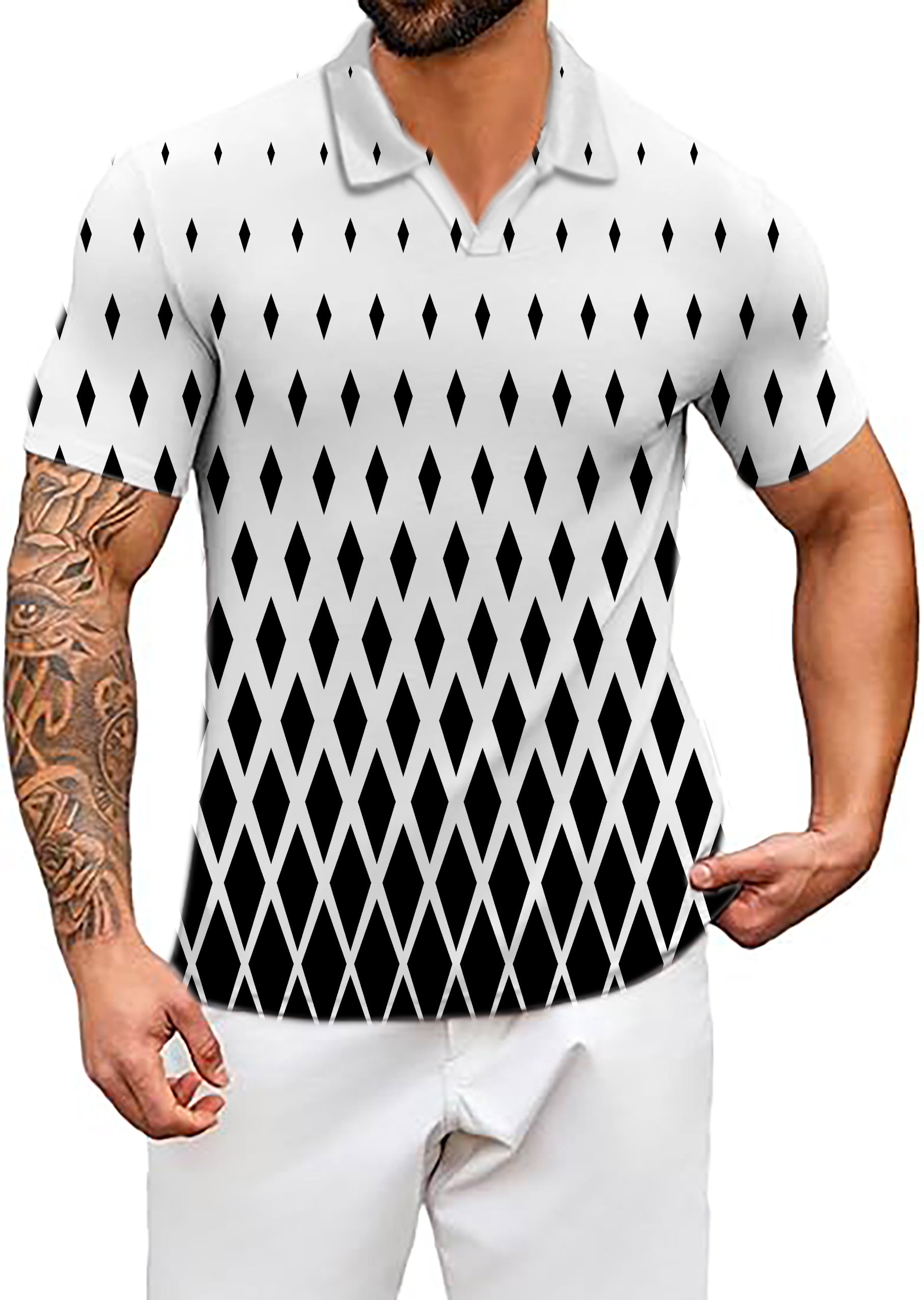 Men's White Black Gradient V Neck Golf Polo Shirts