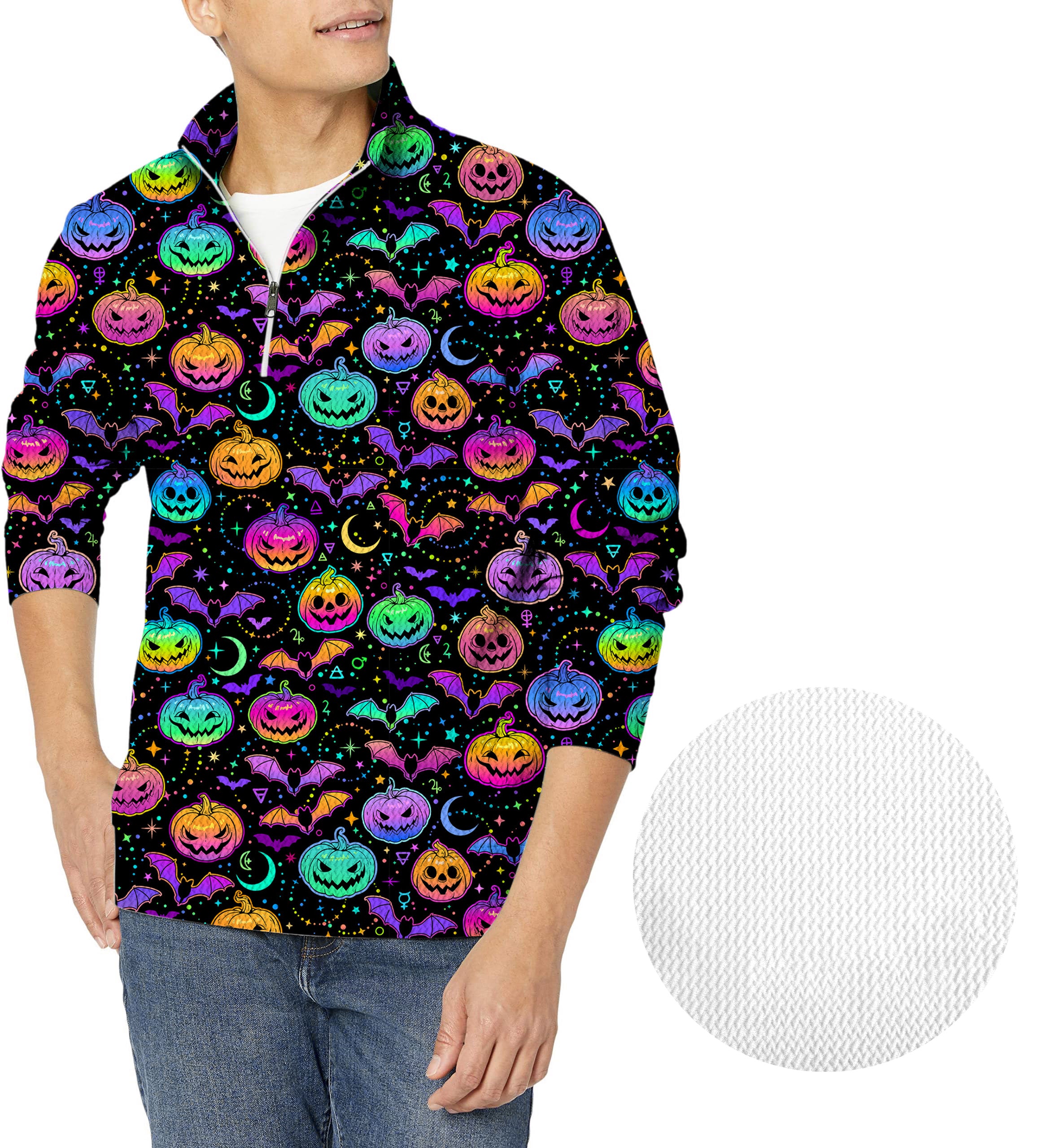 Neon Halloween Pumpkin Men's Golf Waffle Zipper Pullover