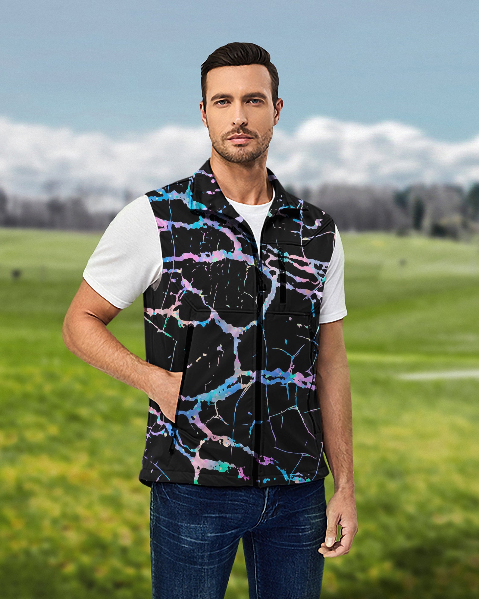 Men's Rainbow Lightning Lightweight Softshell Vest Sleeveless Jacket for Golf