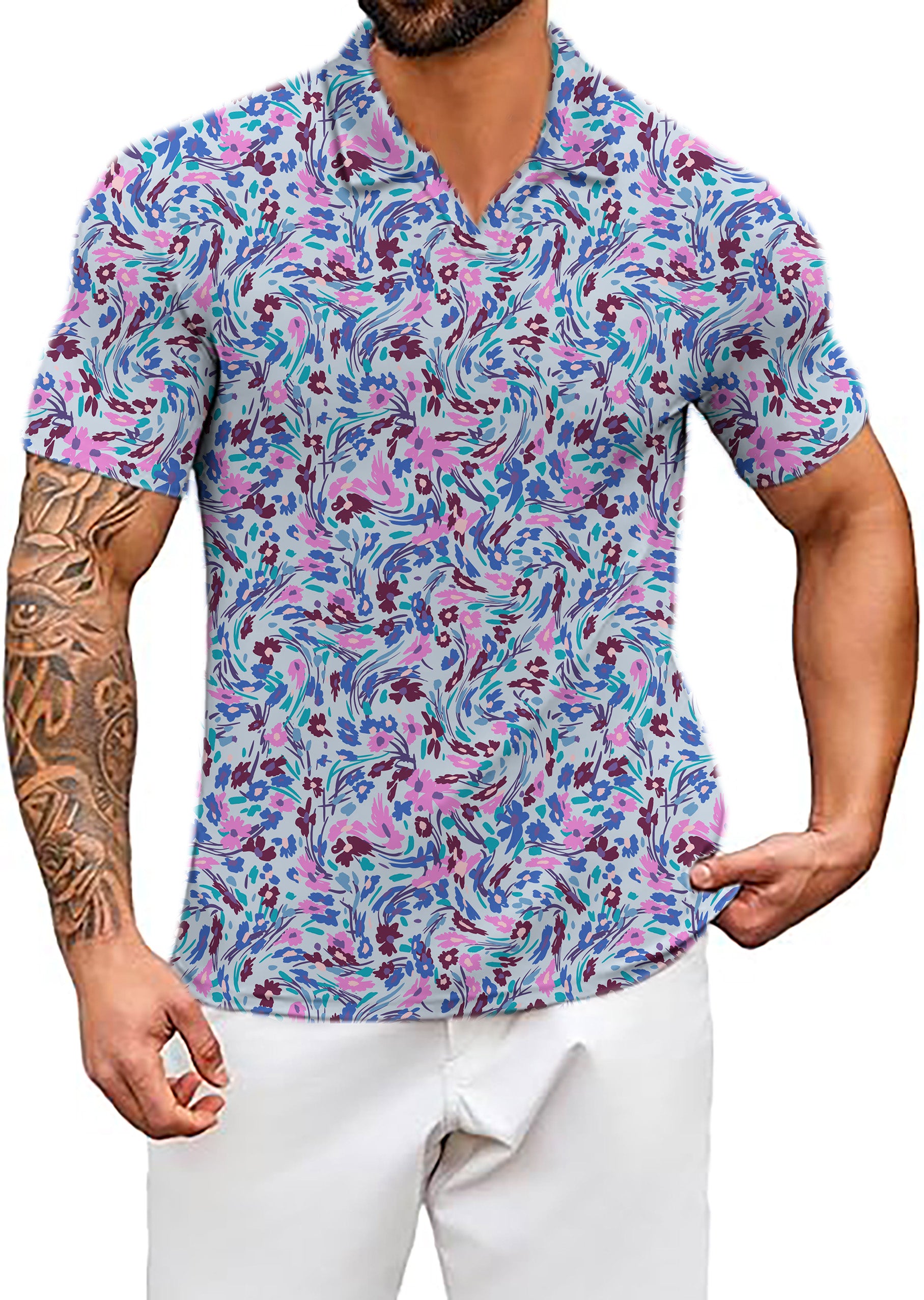 Men's Flower Twist V Neck Golf Polo Shirts