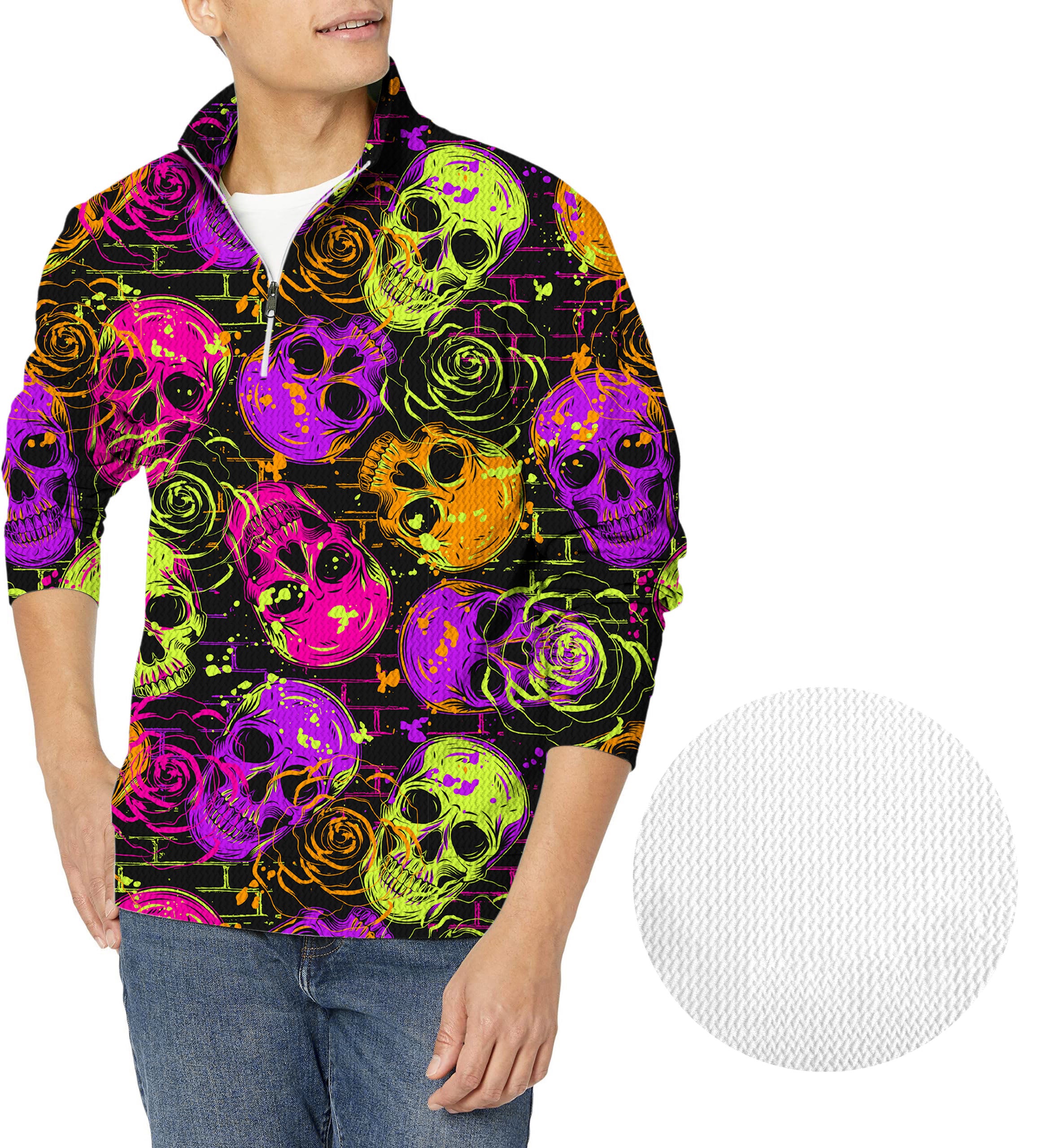 Halloween Colors Skull Men's Golf Waffle Zipper Pullover