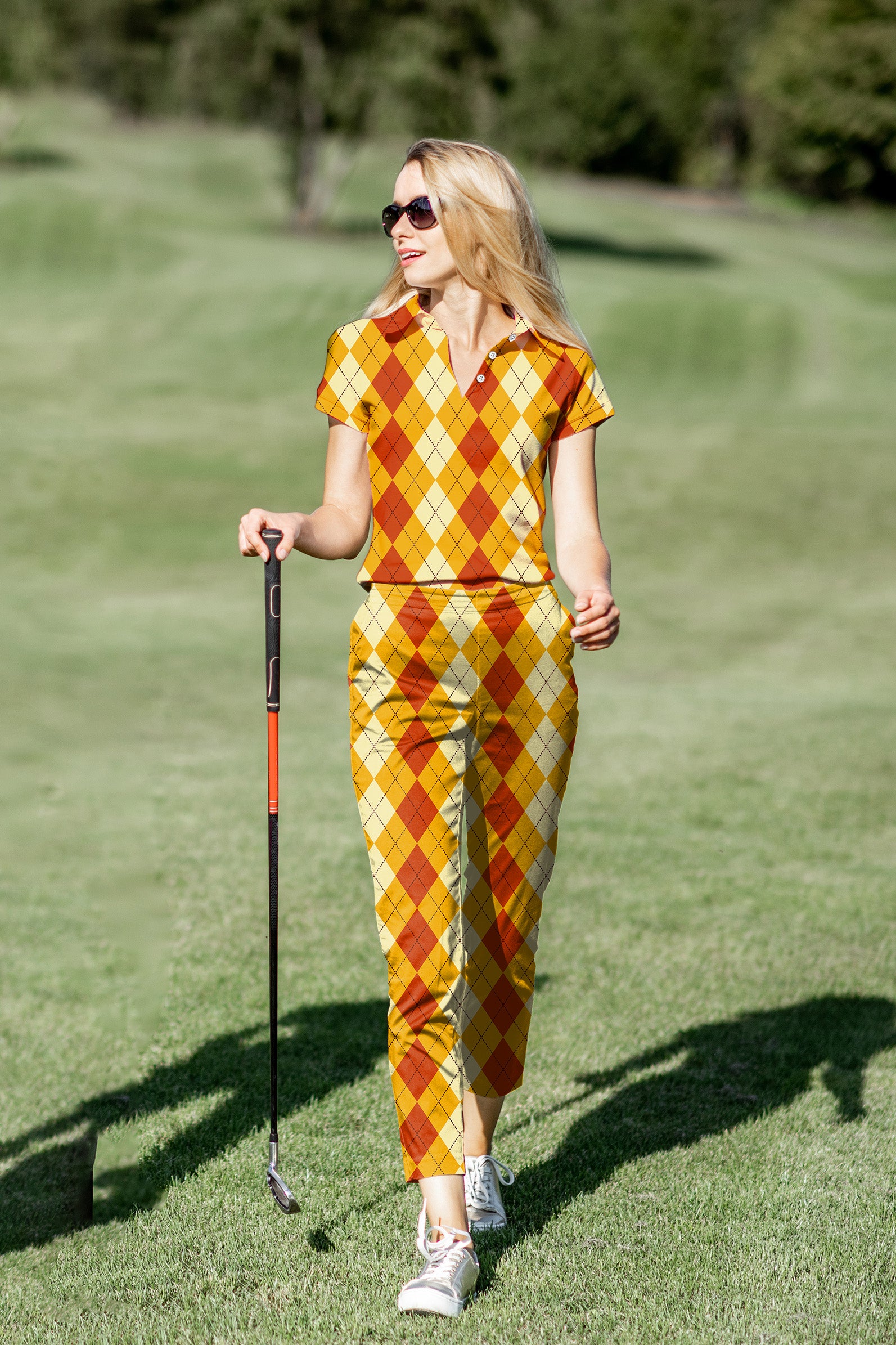 Women's Golf Polo+Pants Set Halloween Light Yellow Red Argyle