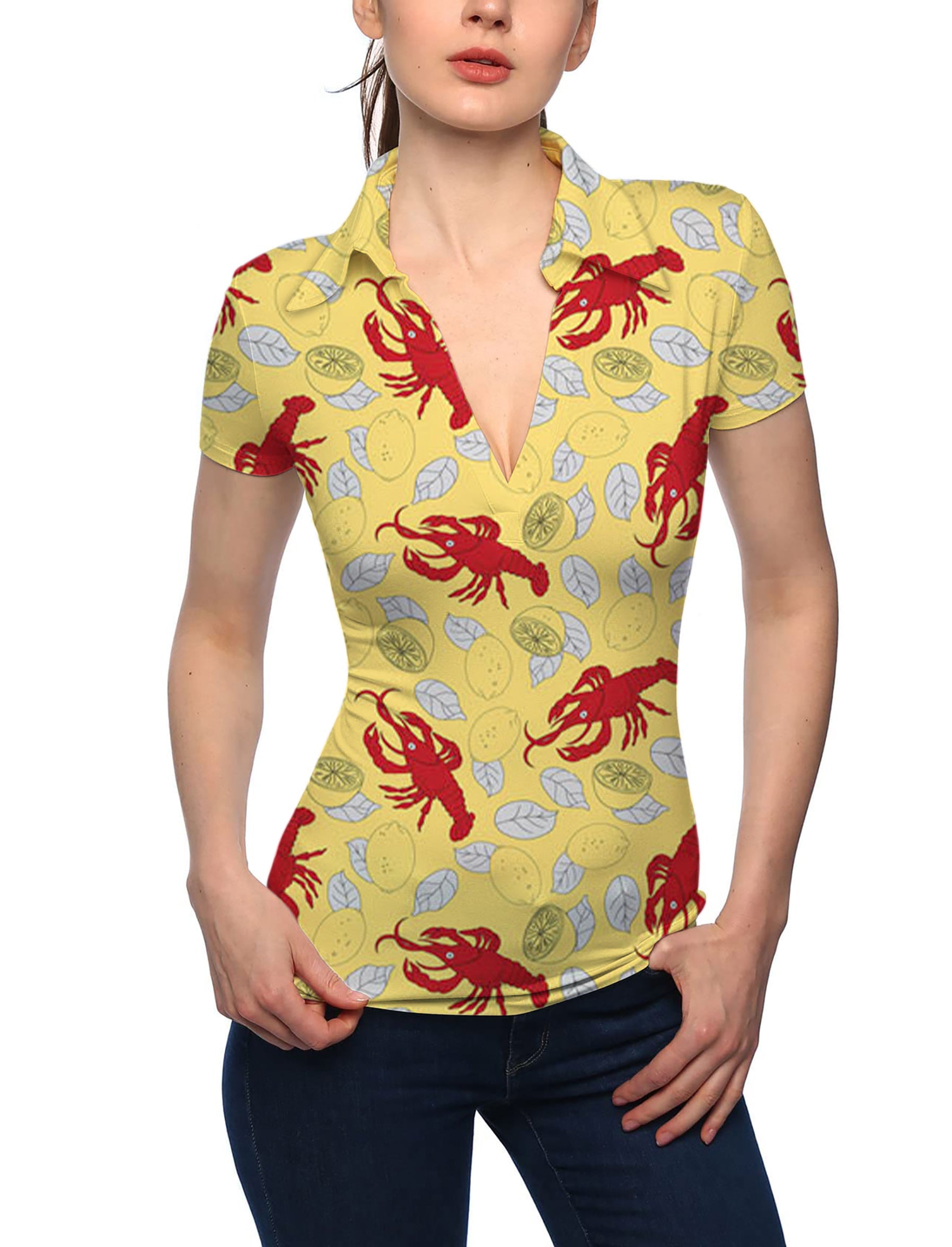 Women's Yellow-Crawfish-Lemon V Neck Golf Polo