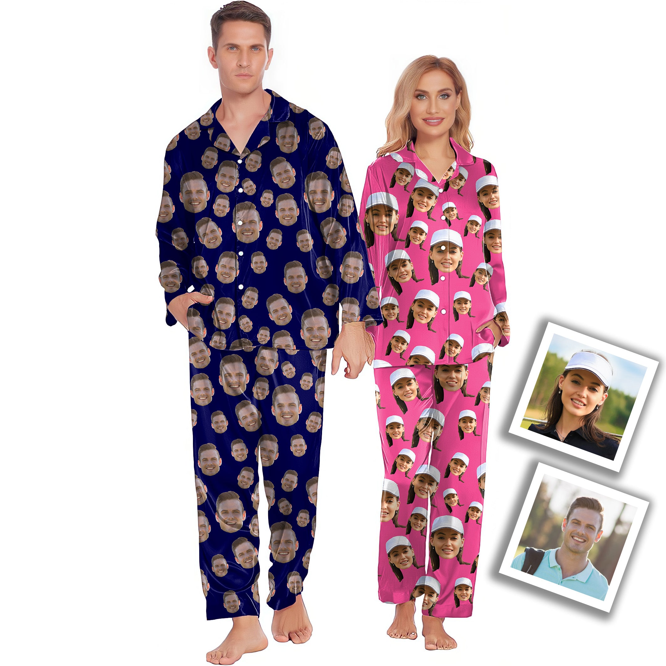 Custom Photo Funny Face Couples Pajamas Suit Long Sleeve Sleepwear