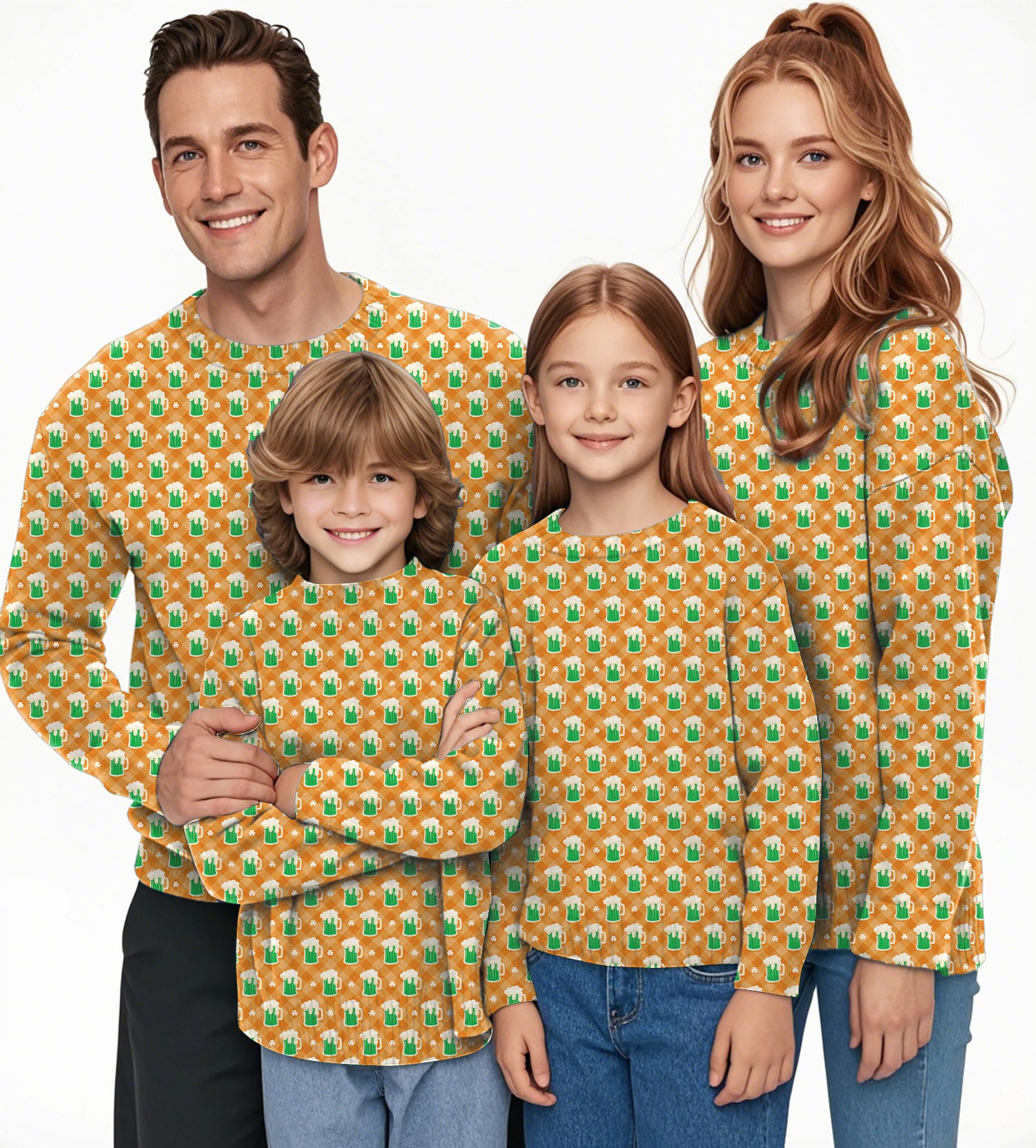 Green beer and clover leaf St. Patrick's Day Crewneck Pullover Ugly Sweater Men Women boy girl family