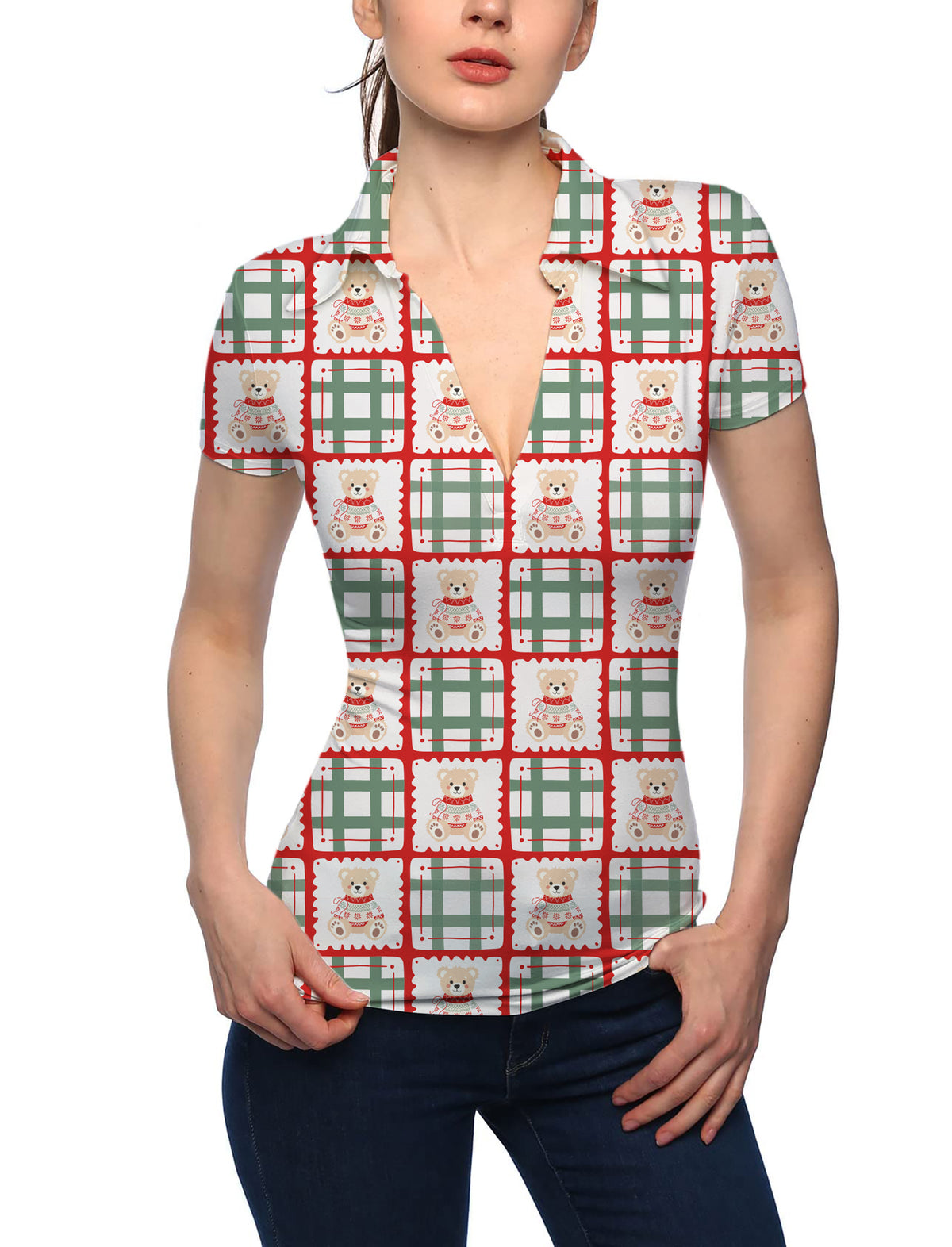 Women's Cute Christmas Teddy Bear V Neck Golf Polo