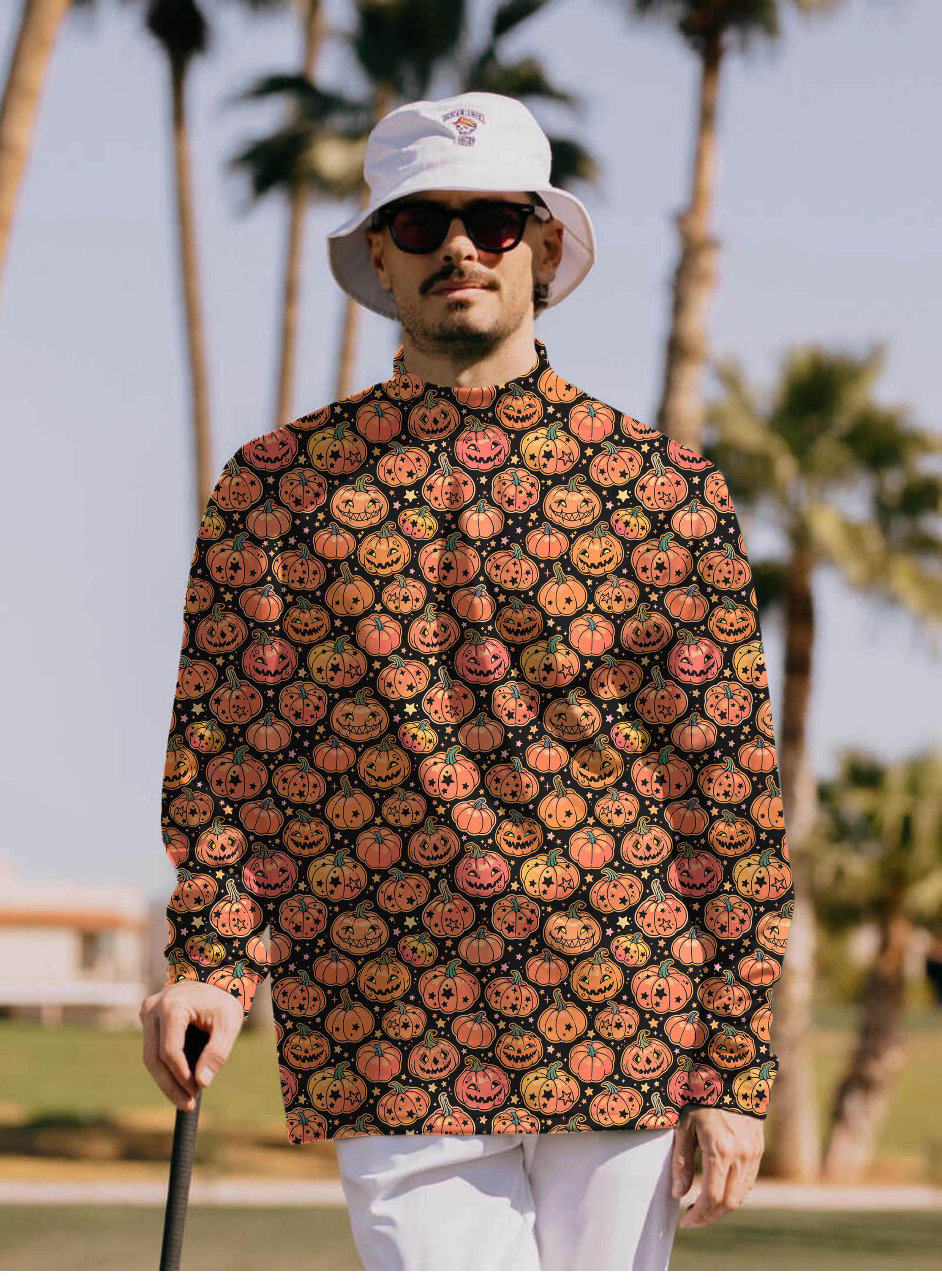 Men's Halloween Star Pumpkin Bones Pullover High neck Long/Short sleeve T-Shirt