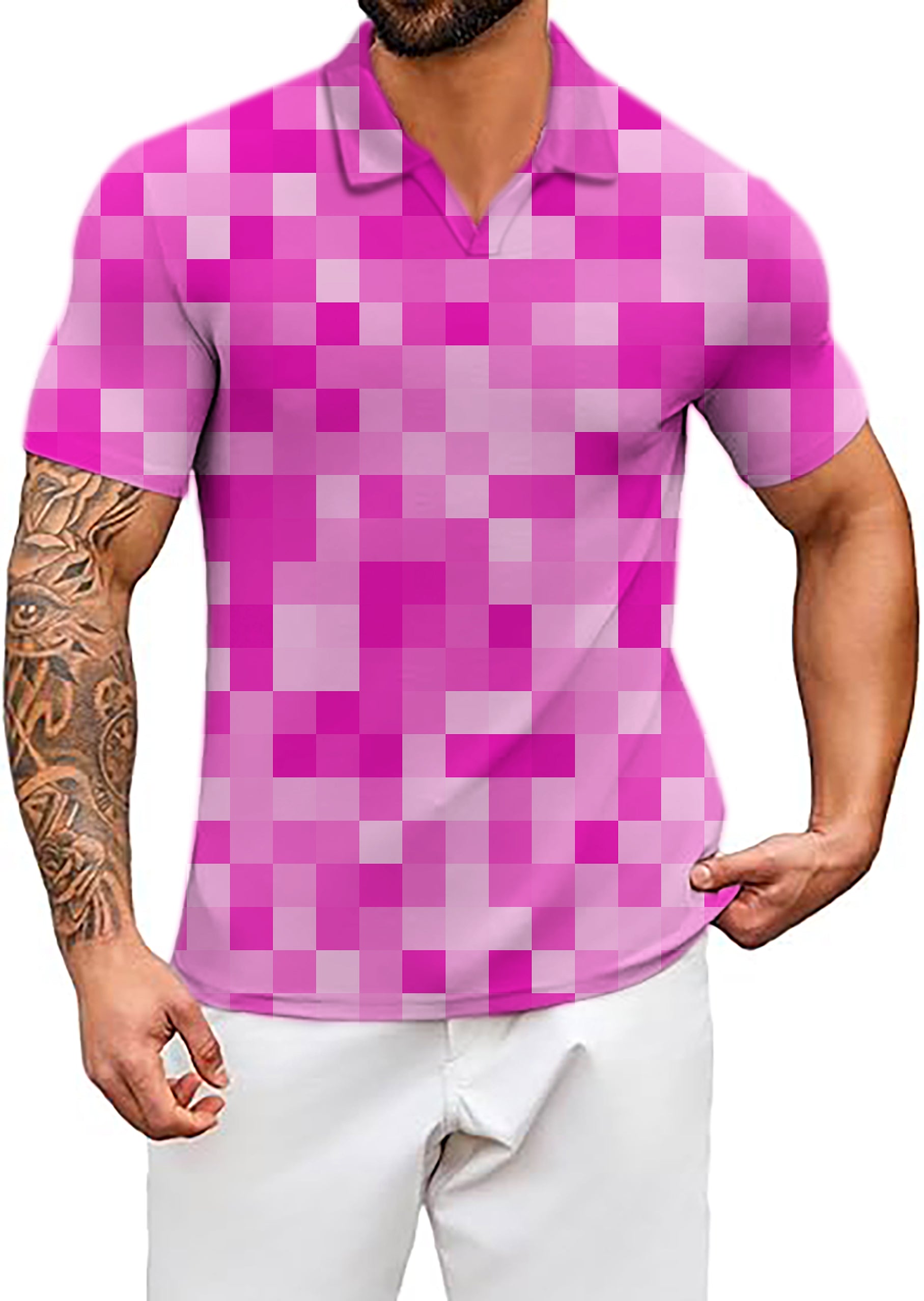 Men's Rose Red Pixel Big V Neck Golf Polo Shirts