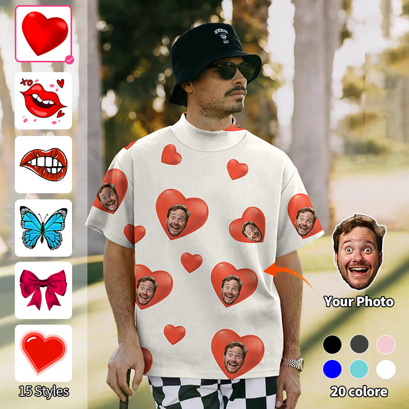 Valentine's Day Men's Custom Photo Face Custom Color White Love Mock Neck Long/Short Sleeve Golf Tops