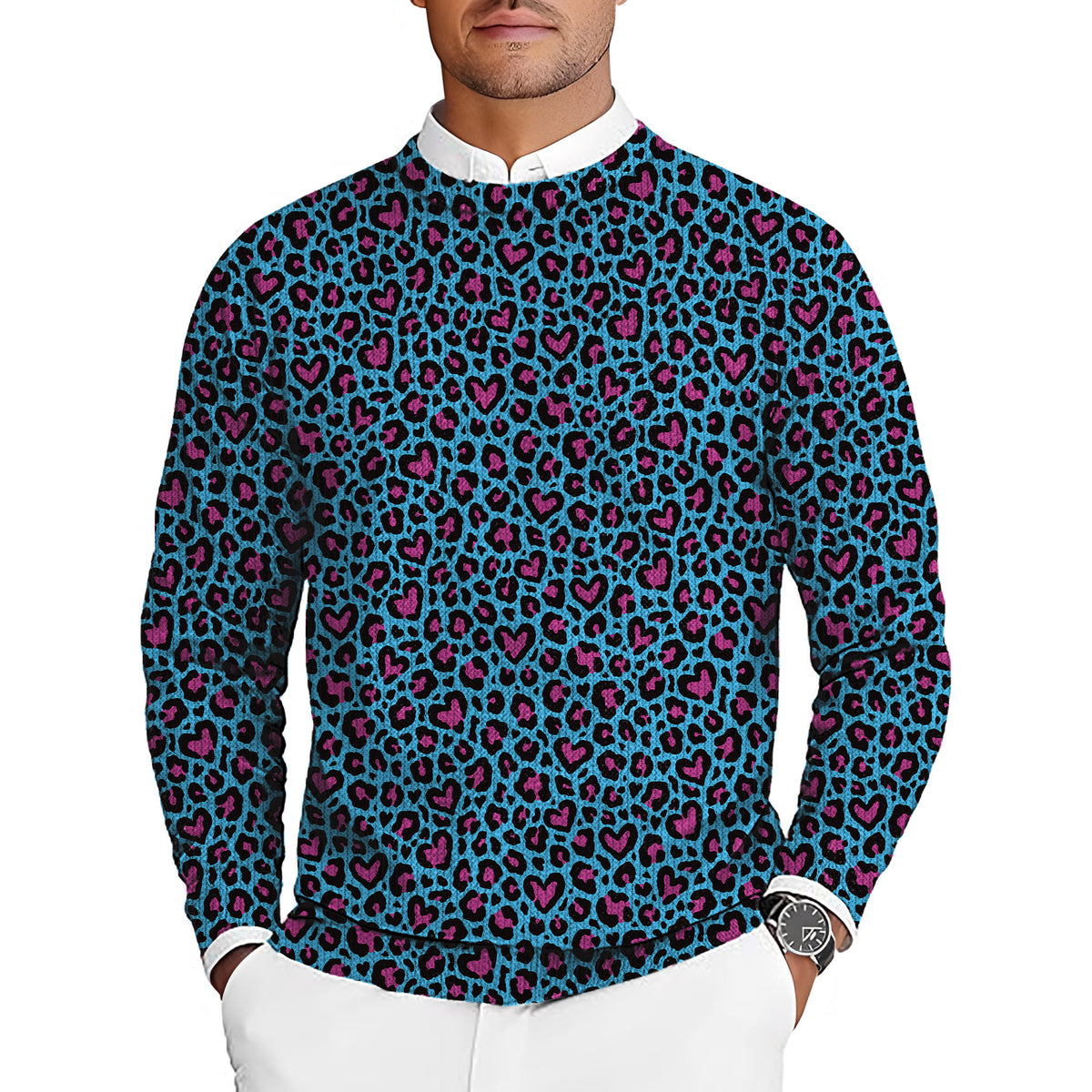 Pink leopard print Men's Golf Crewneck Pullover Sweaters Ugly Sweater
