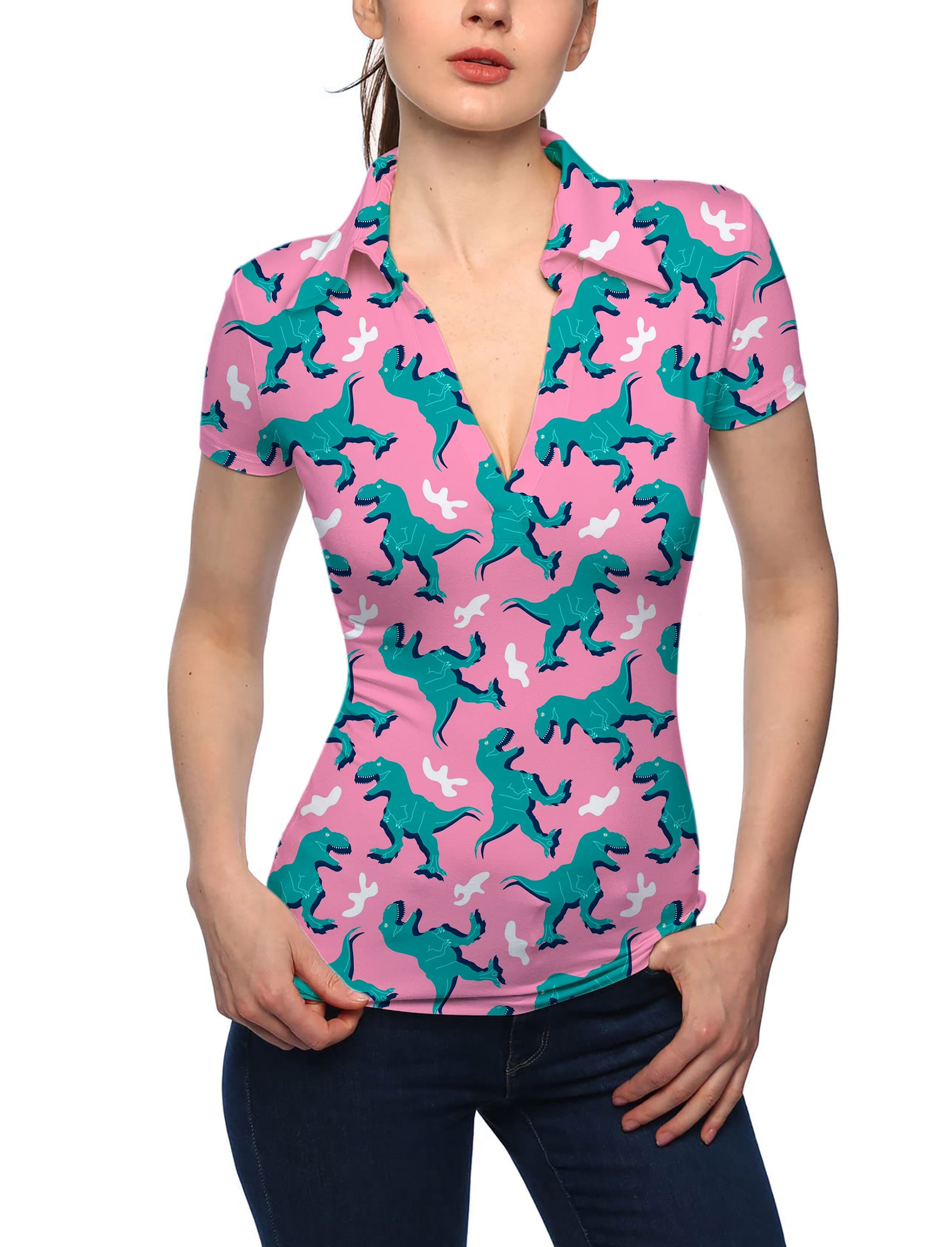 Women's Green Dinosaur V Neck Golf Polo