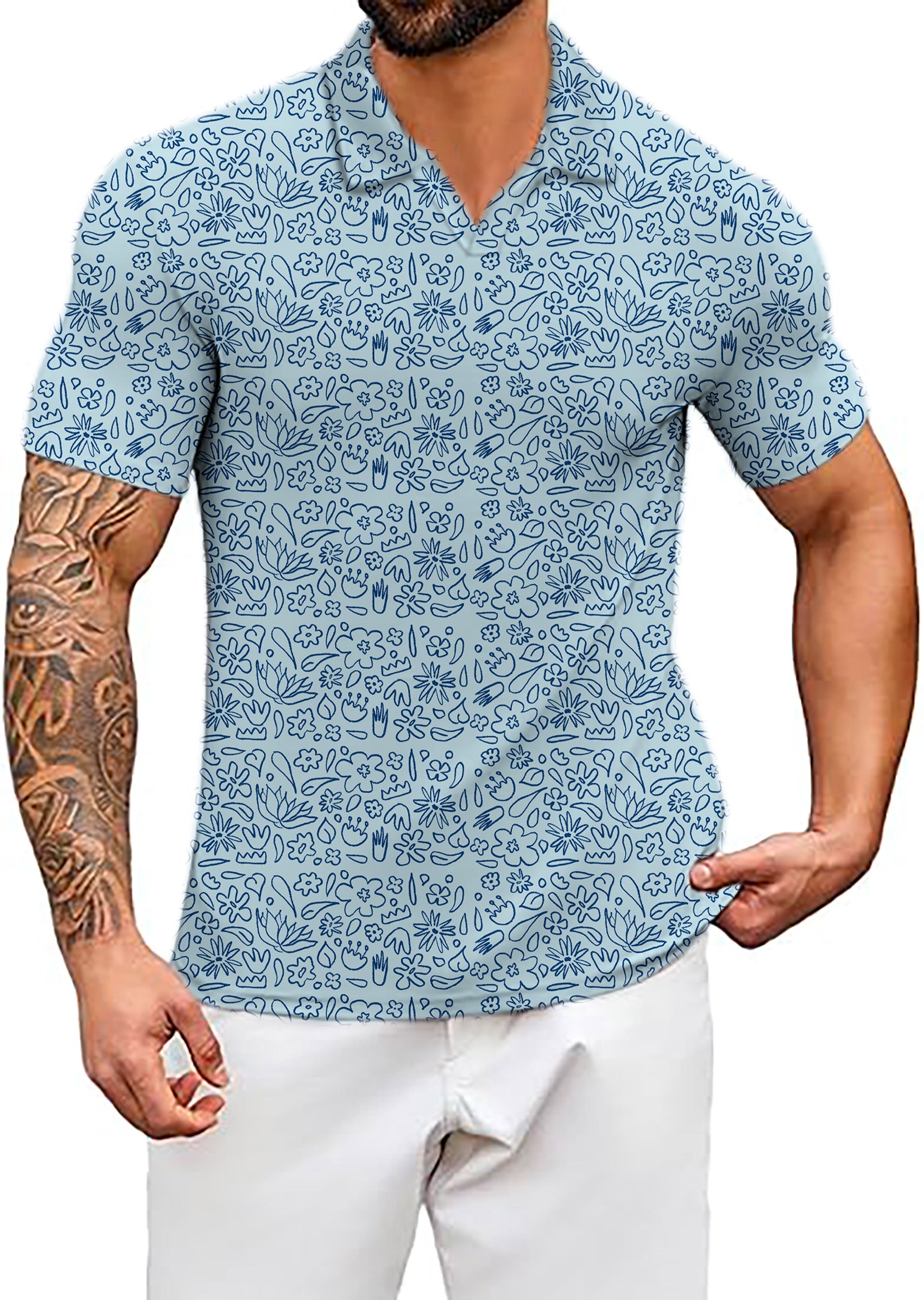 Men's Coconut Palm navy blue ink dots shirt with blue floral drawing, stretchy, wrinkle-resistant, UPF 40+, classic fit, business casual style