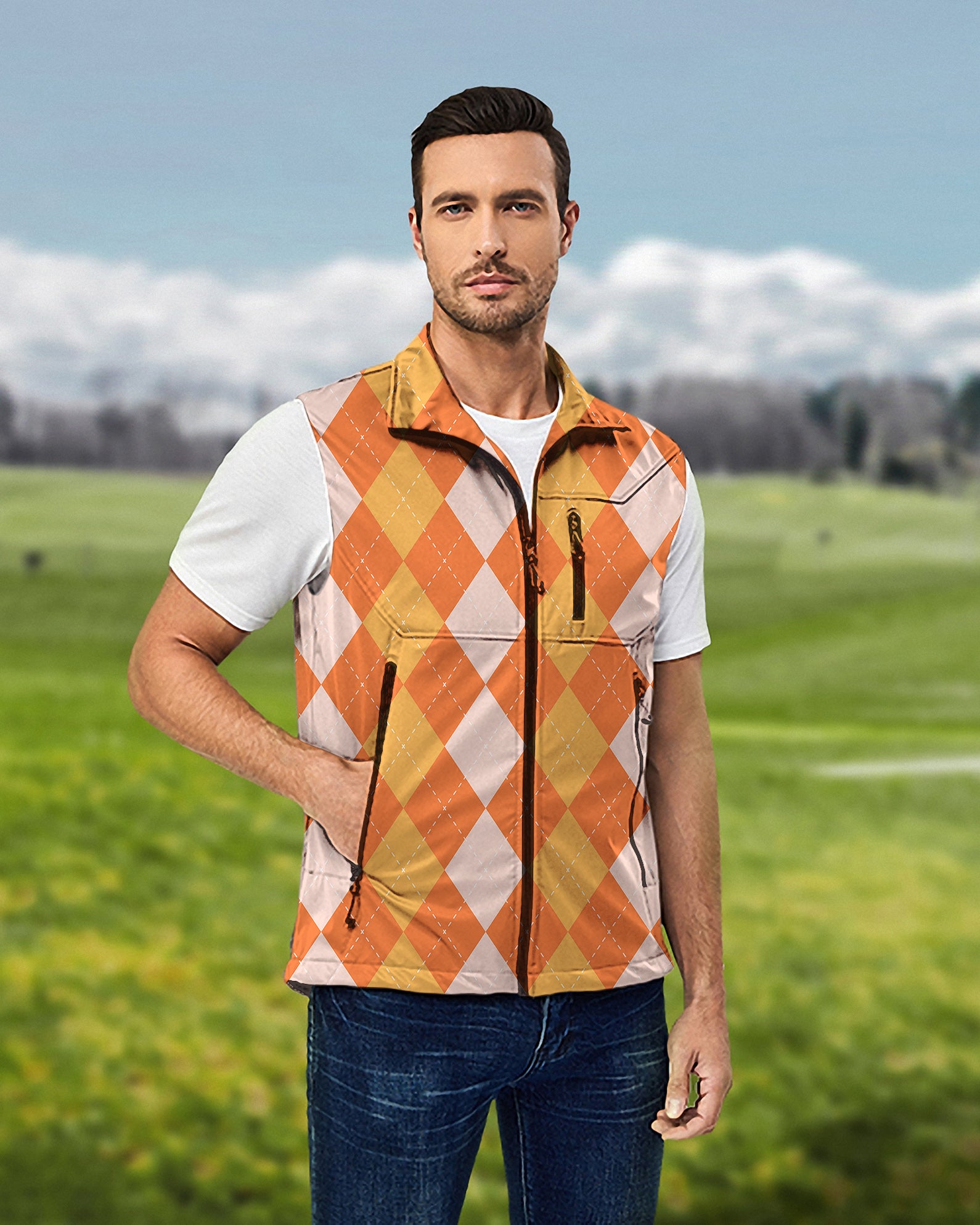 Men's Halloween Orange Apricot Argyle Lightweight Softshell Vest Sleeveless Jacket for Golf Windproof Waterproof