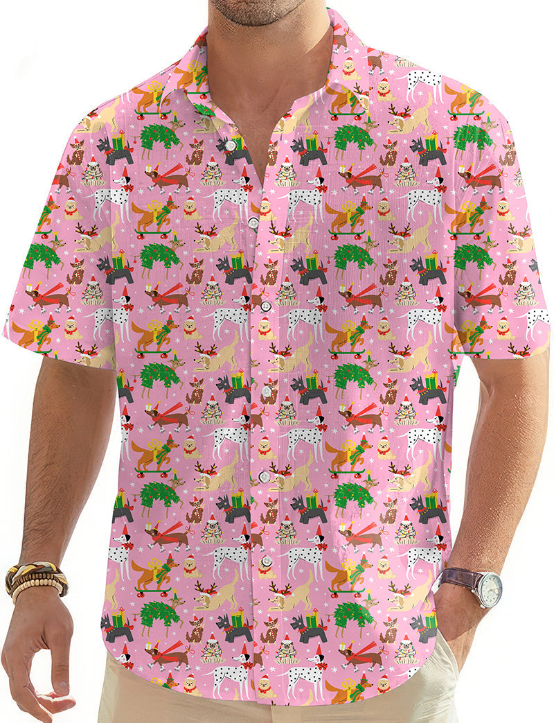 Christmas dog men's golf Hawaiian shirt with colorful festive dog patterns on pink background, short sleeve button-down casual shirt