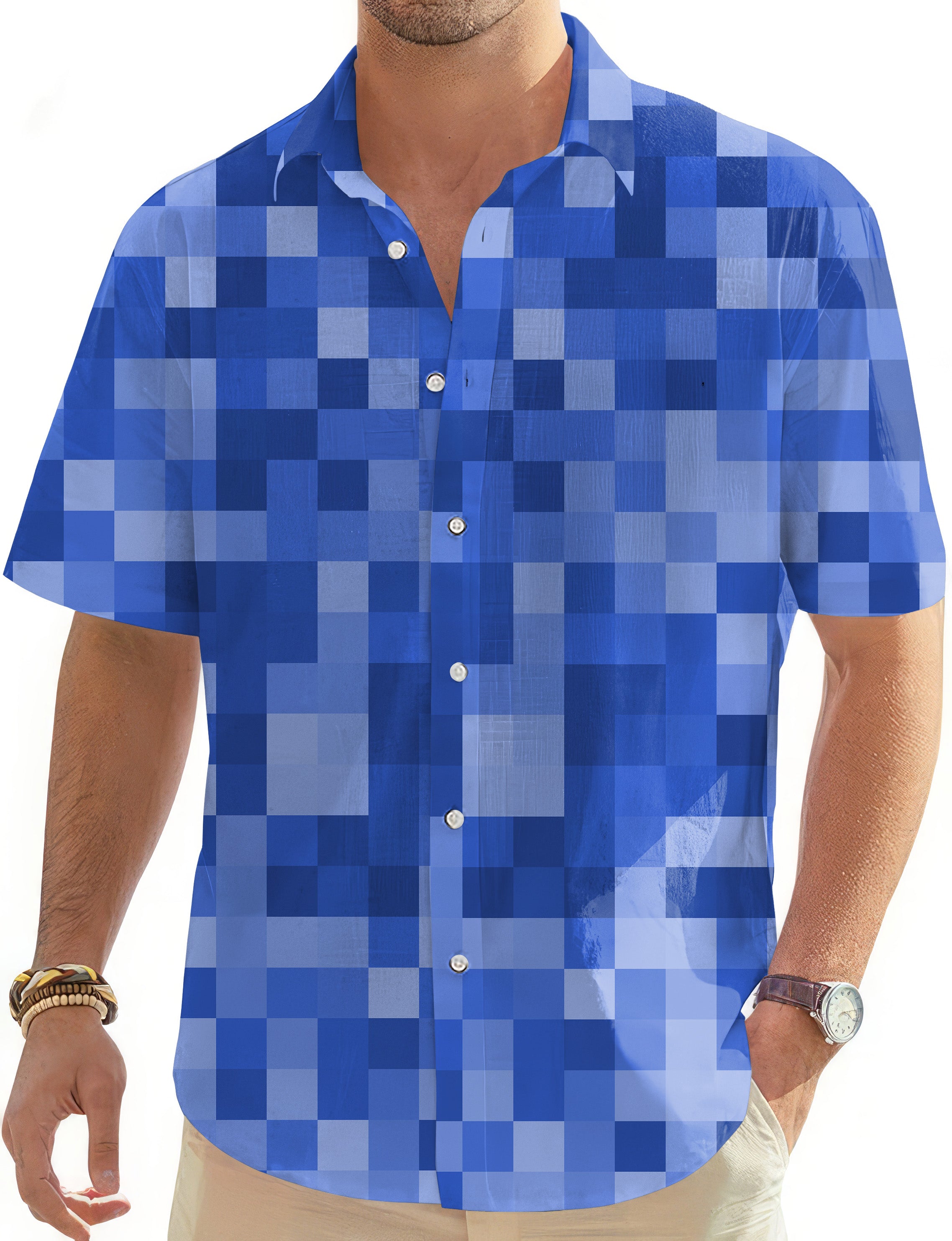 Navy blue Pixel Big Men's Golf Hawaiian Shirts Button Down Shirt