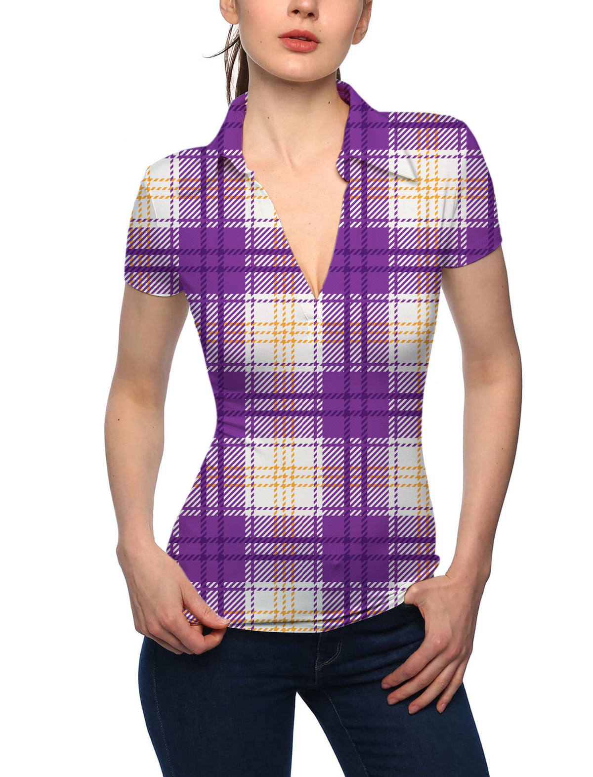 Women's Halloween purple and yellow grid pattern V Neck Golf Polo