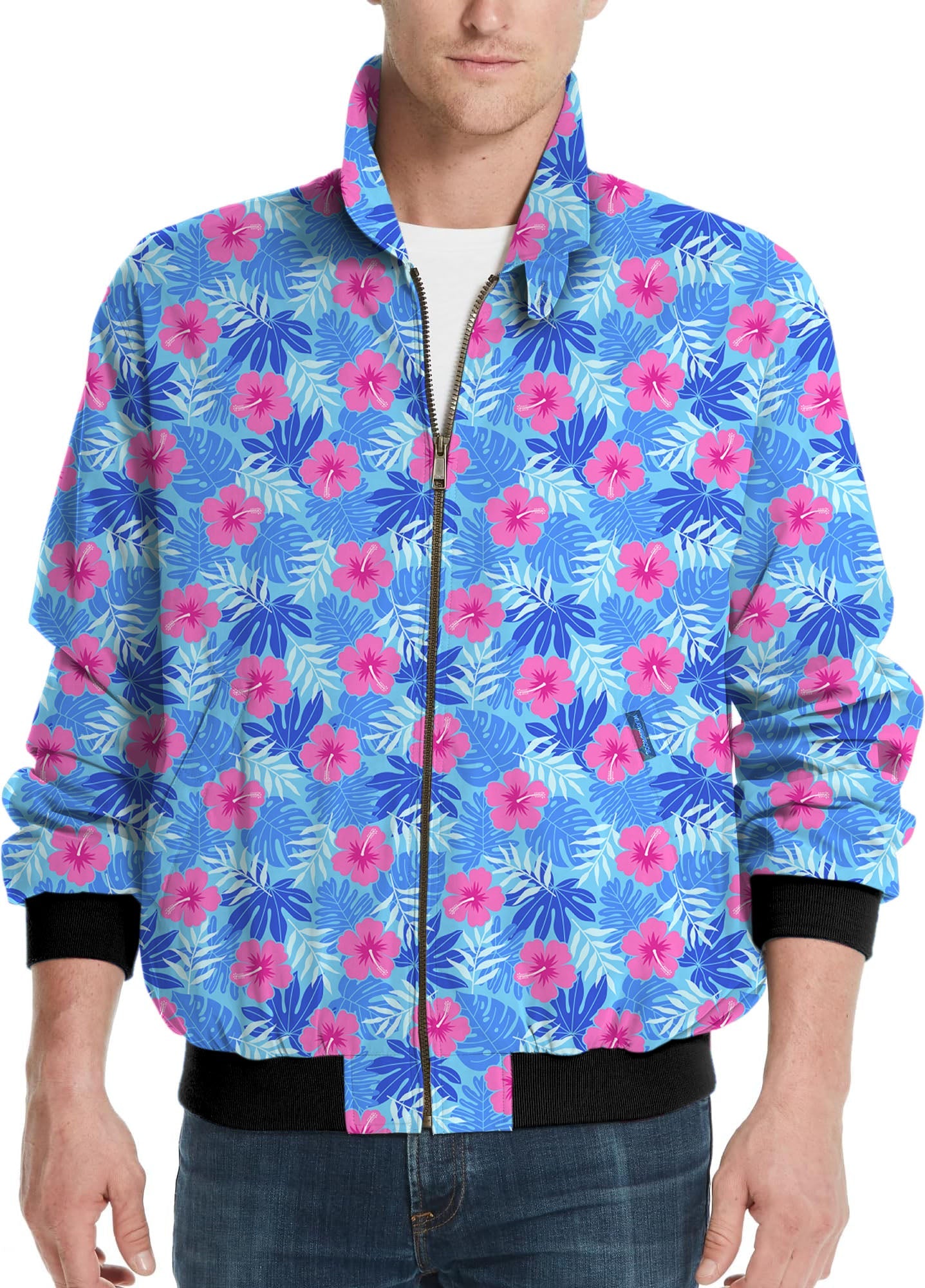 Men's Vivid Bloom flower golf windbreaker light jacket with blue and pink floral pattern