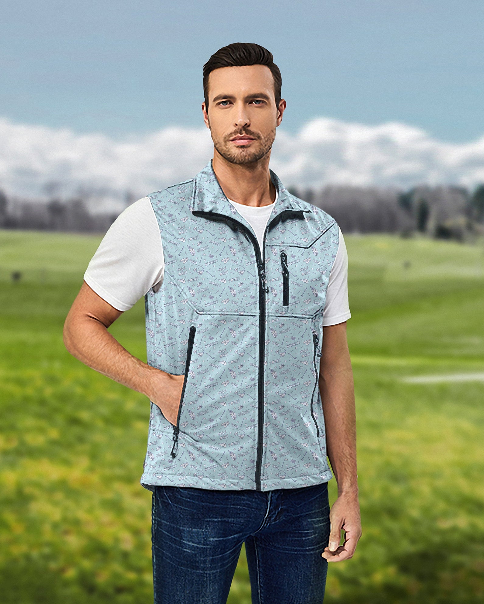 Men's Golf doodle Lightweight Softshell Vest Sleeveless Jacket for Golf Windproof Waterproof