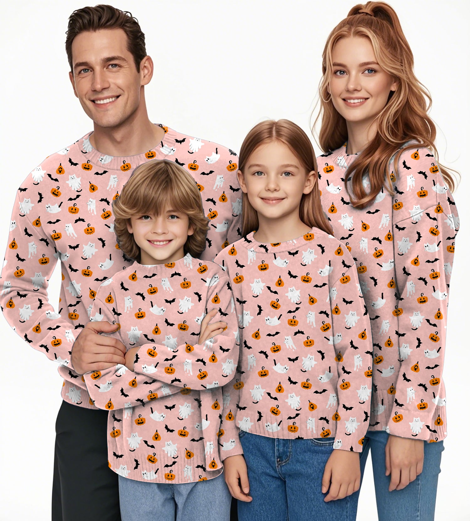Halloween Kawaii Ghost Pumpkin Crewneck Pullover Ugly Sweater Men Women boy girl family
